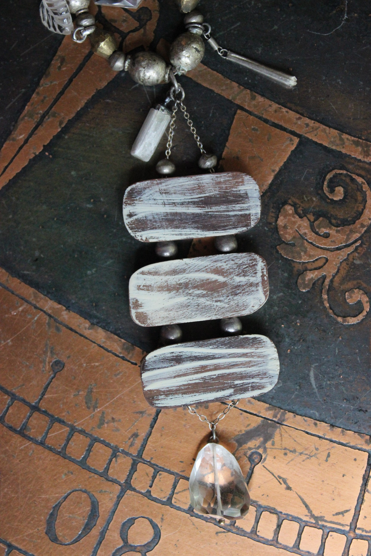 I Come Longing Necklace w/Antique Tribal Beads,Old Wood Findings with Mother Teresa "I THIRST" Text,Multiple Rock Quartz Drops,Antique Kuchi Findings & More!