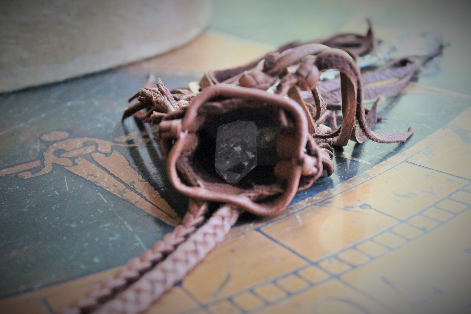 Where Light enters You Necklace w/Butter Soft Braided Brown Suede Leather Pouch, Antique Sterling Old Pawn Beads,Highly Detailed Sword Medal,Faceted Rock Quartz Nugget & Tiny IHS Cross