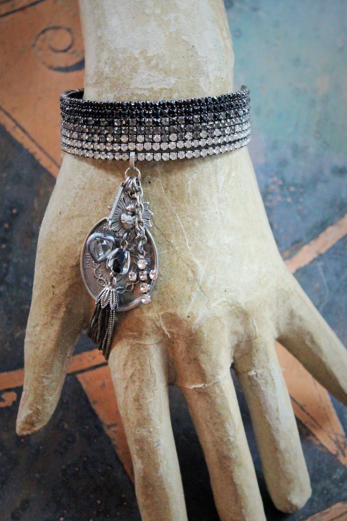 I Loved you in the End Cuff Bracelet with French Medals, Sterling Tassel,Antique Crystal Heart, and Antique Rhinestone Cross