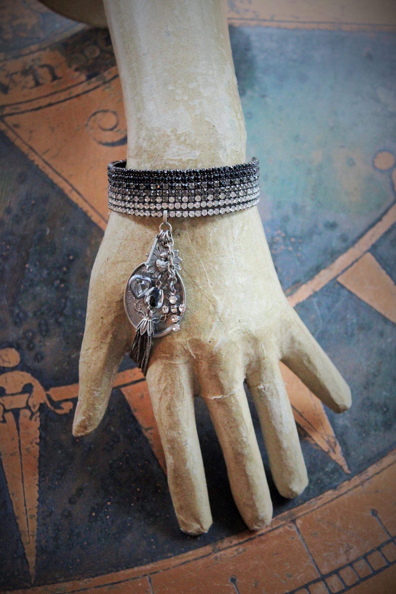 I Loved you in the End Cuff Bracelet with French Medals, Sterling Tassel,Antique Crystal Heart, and Antique Rhinestone Cross