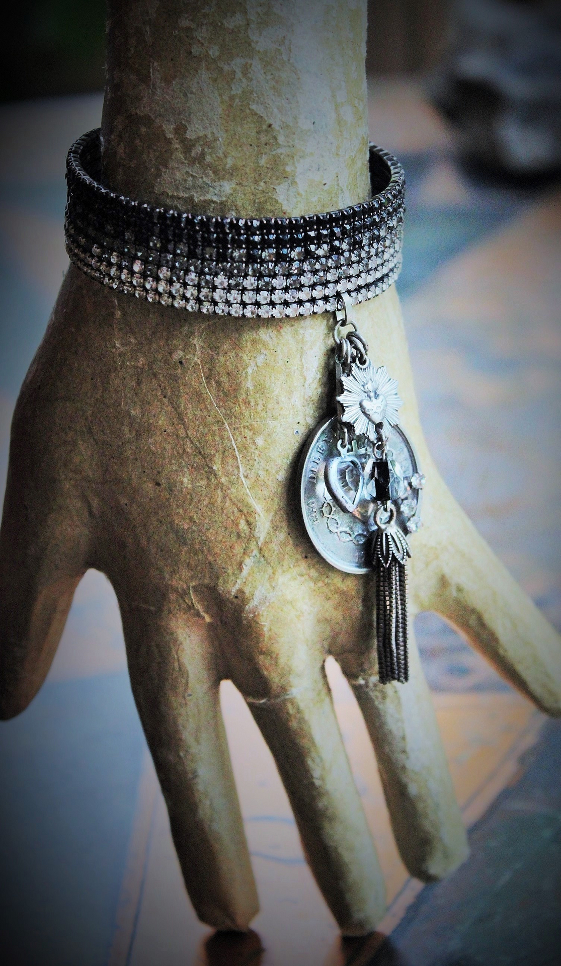 I Loved you in the End Cuff Bracelet with French Medals, Sterling Tassel,Antique Crystal Heart, and Antique Rhinestone Cross