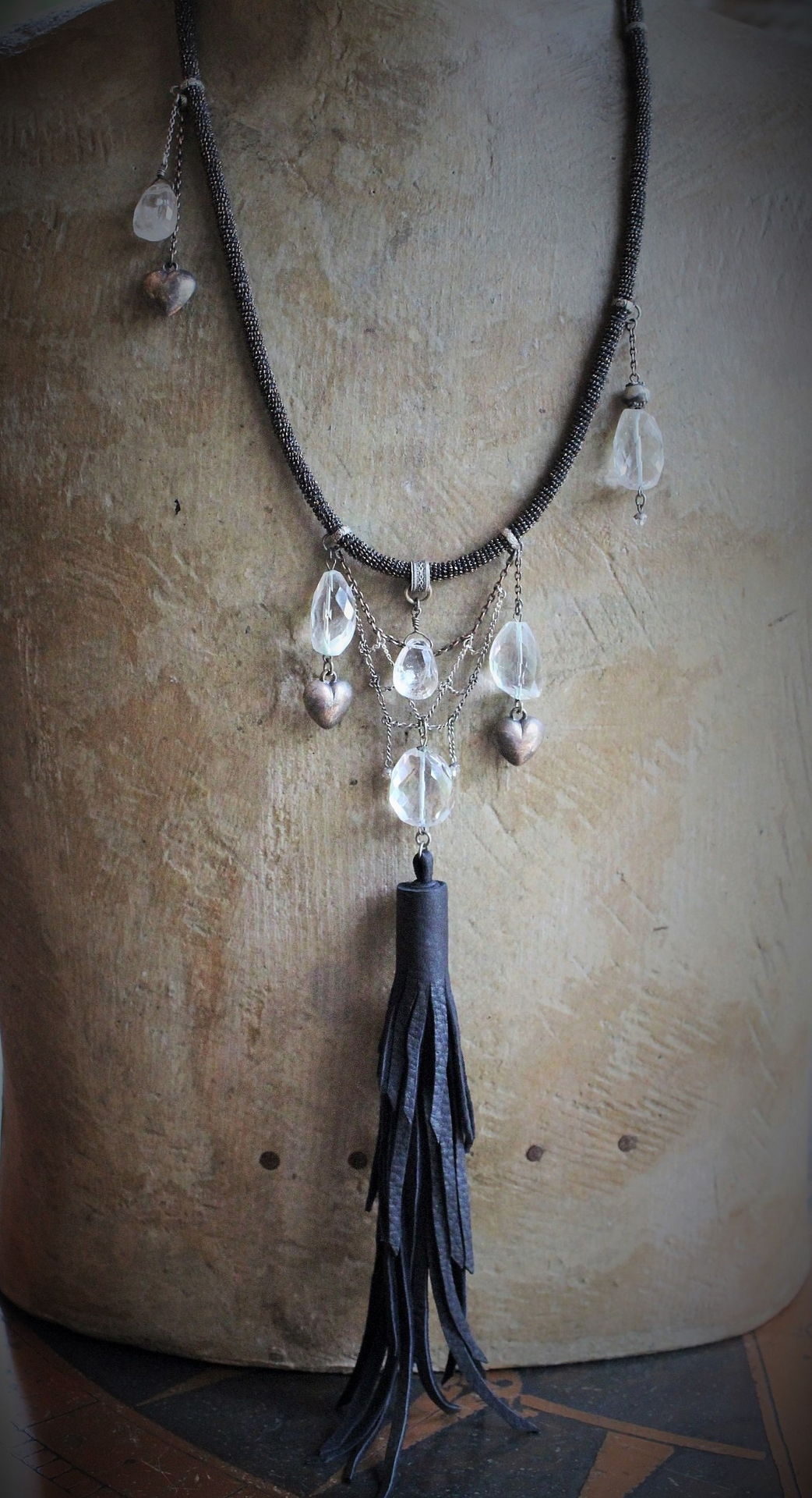 I will Always Lean my Heart Necklace w/Faceted Rock Crystal Stones & Drops, 3 Antique Puffy Hearts, Artisan Leather Tassel and Chains