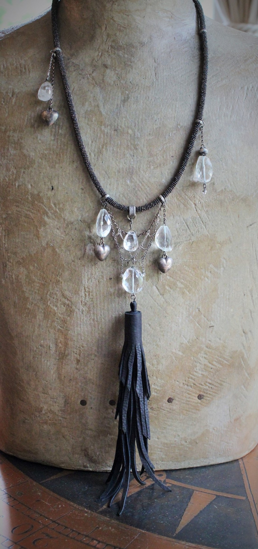 I will Always Lean my Heart Necklace w/Faceted Rock Crystal Stones & Drops, 3 Antique Puffy Hearts, Artisan Leather Tassel and Chains