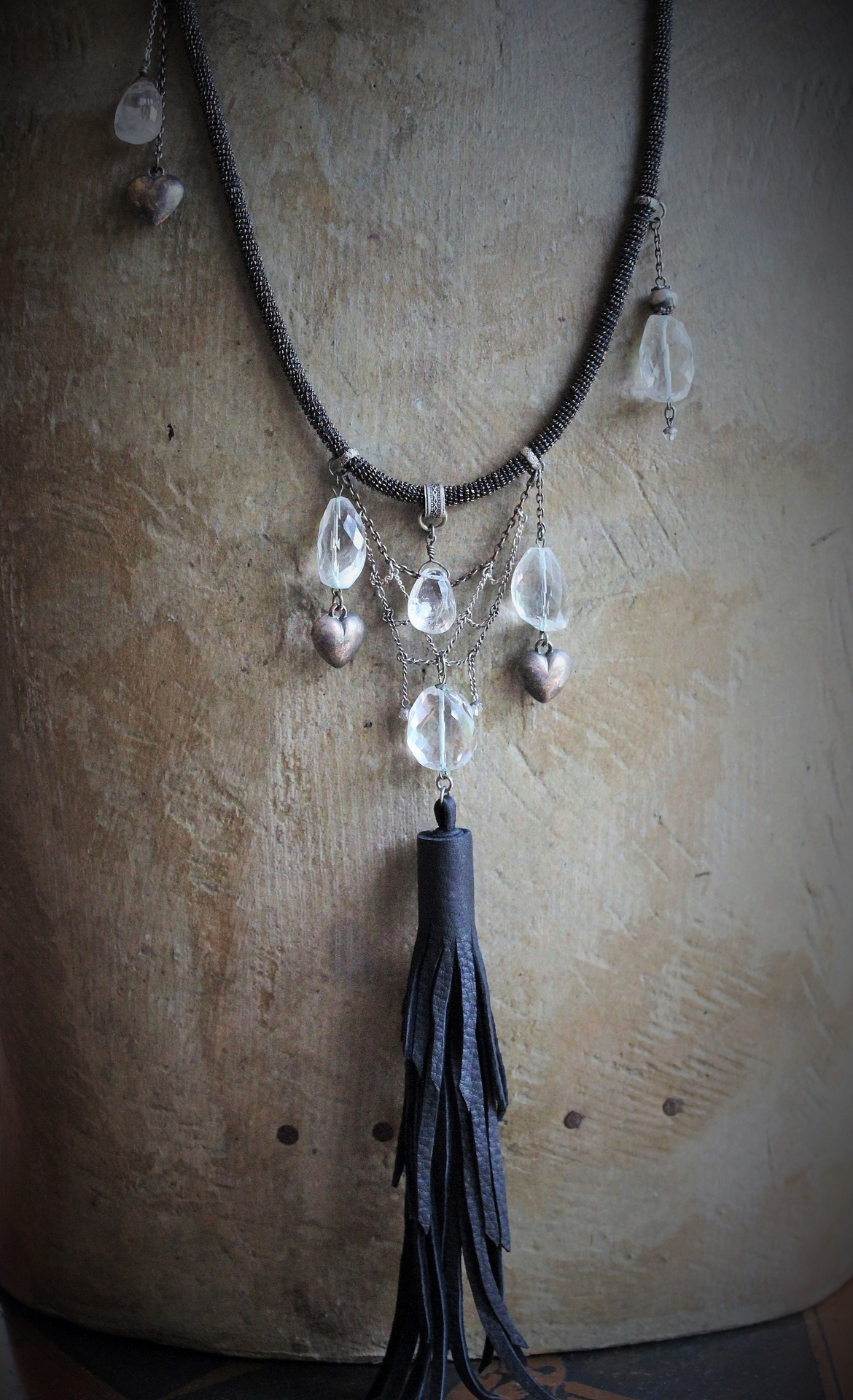 I will Always Lean my Heart Necklace w/Faceted Rock Crystal Stones & Drops, 3 Antique Puffy Hearts, Artisan Leather Tassel and Chains