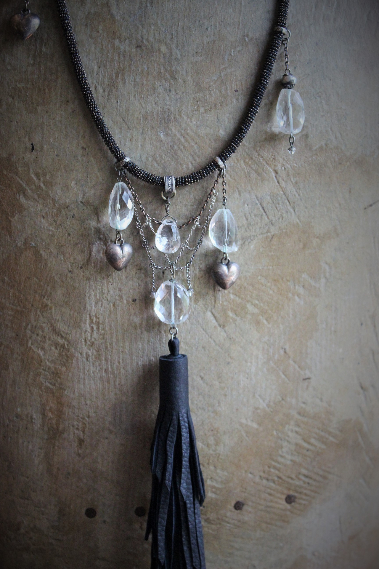 I will Always Lean my Heart Necklace w/Faceted Rock Crystal Stones & Drops, 3 Antique Puffy Hearts, Artisan Leather Tassel and Chains