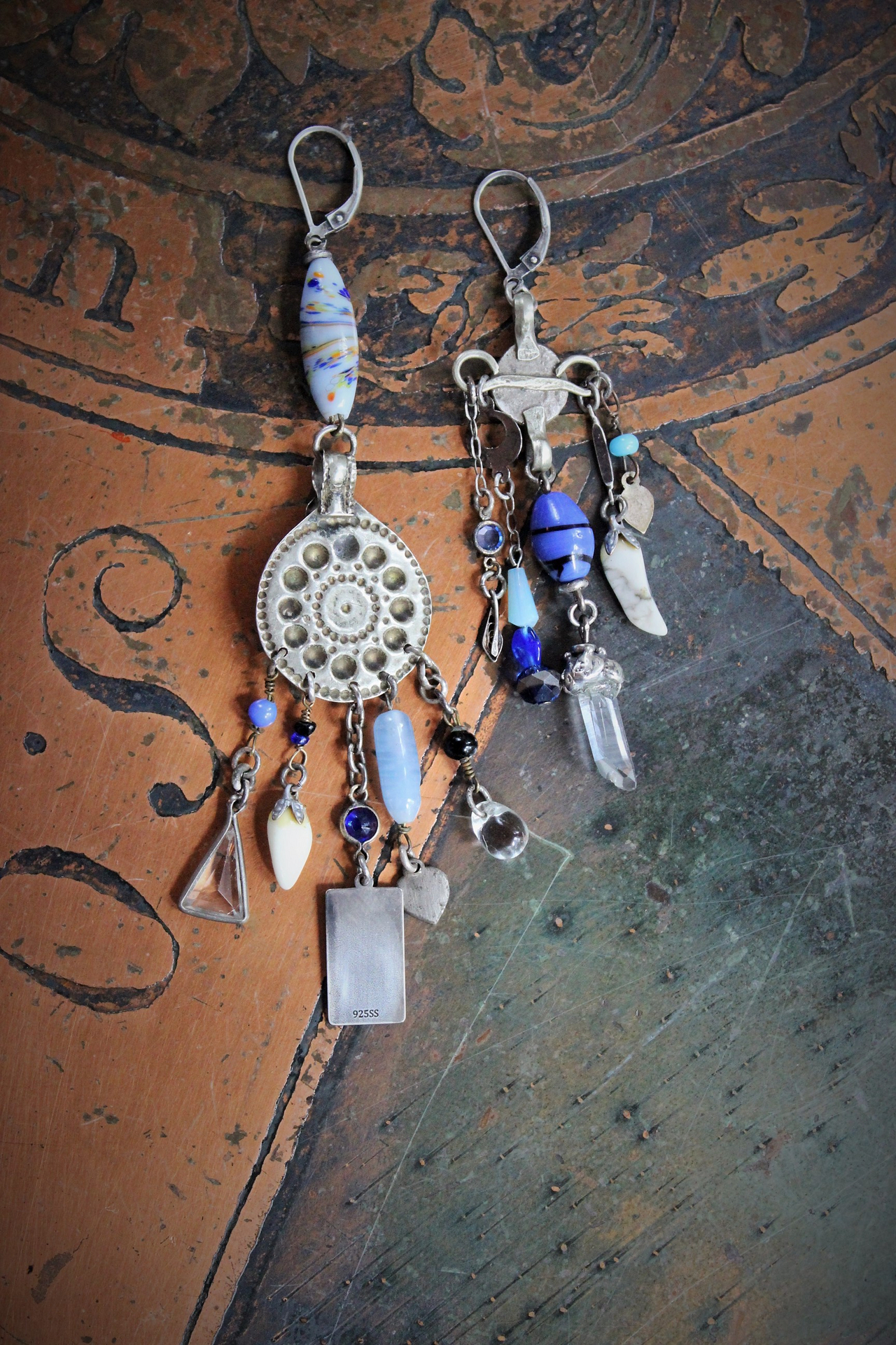 Asymmetrical Gypsy The Moon Earrings w/Antique Kuchi Gypsy Findings,Sterling The Sun Tarot Medal,Antique Hand Blown Mardi Gras Beads & More!