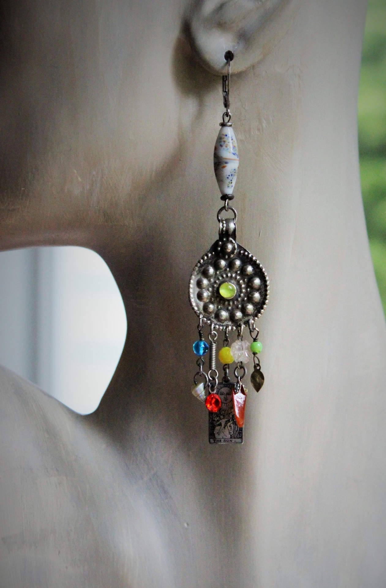 Asymmetrical Gypsy The Sun Earrings w/Antique Kuchi Gypsy Findings,Sterling The Sun Tarot Medal,Antique Hand Blown Mardi Gras Beads & More!