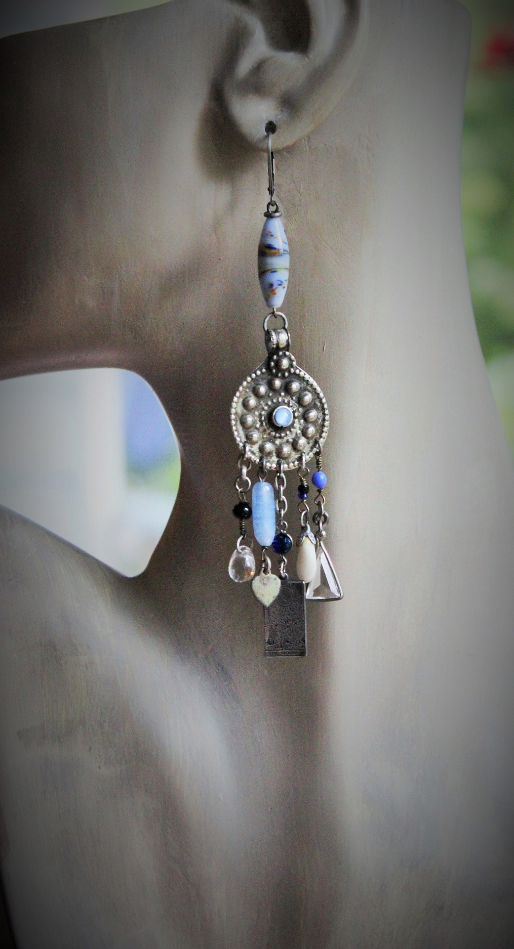 Asymmetrical Gypsy The Moon Earrings w/Antique Kuchi Gypsy Findings,Sterling The Sun Tarot Medal,Antique Hand Blown Mardi Gras Beads & More!