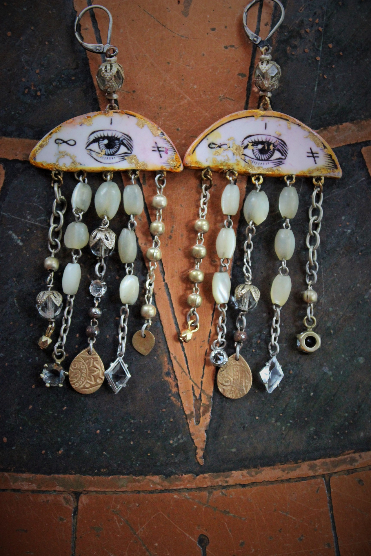 All Seeing Eye Asymmetrical Earrings w/Antique French Mother of Pearl Rosary Bead Fragments, Antique Art Deco Rock Crystal Drops, Bronze Tear Drops & More!