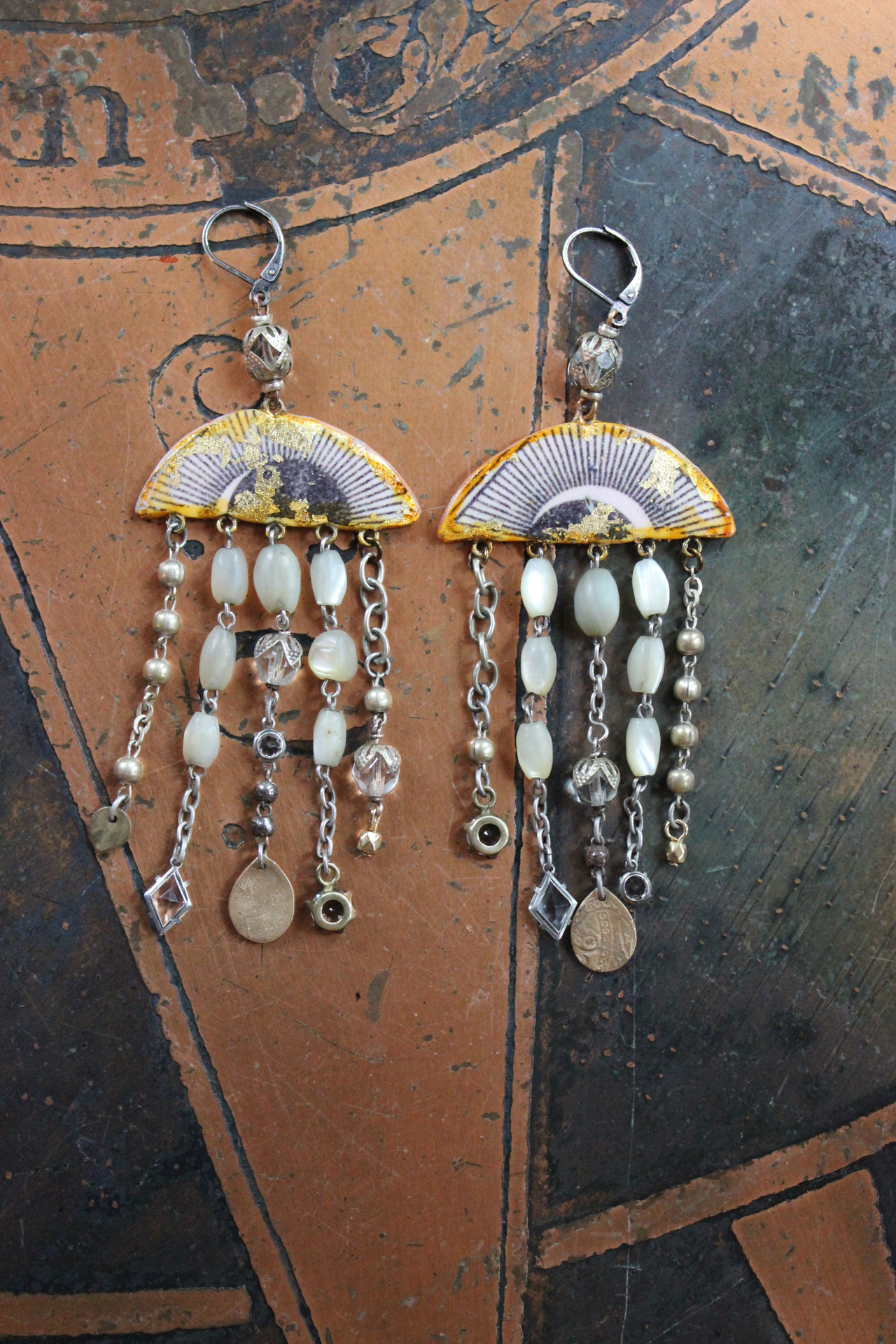 All Seeing Eye Asymmetrical Earrings w/Antique French Mother of Pearl Rosary Bead Fragments, Antique Art Deco Rock Crystal Drops, Bronze Tear Drops & More!