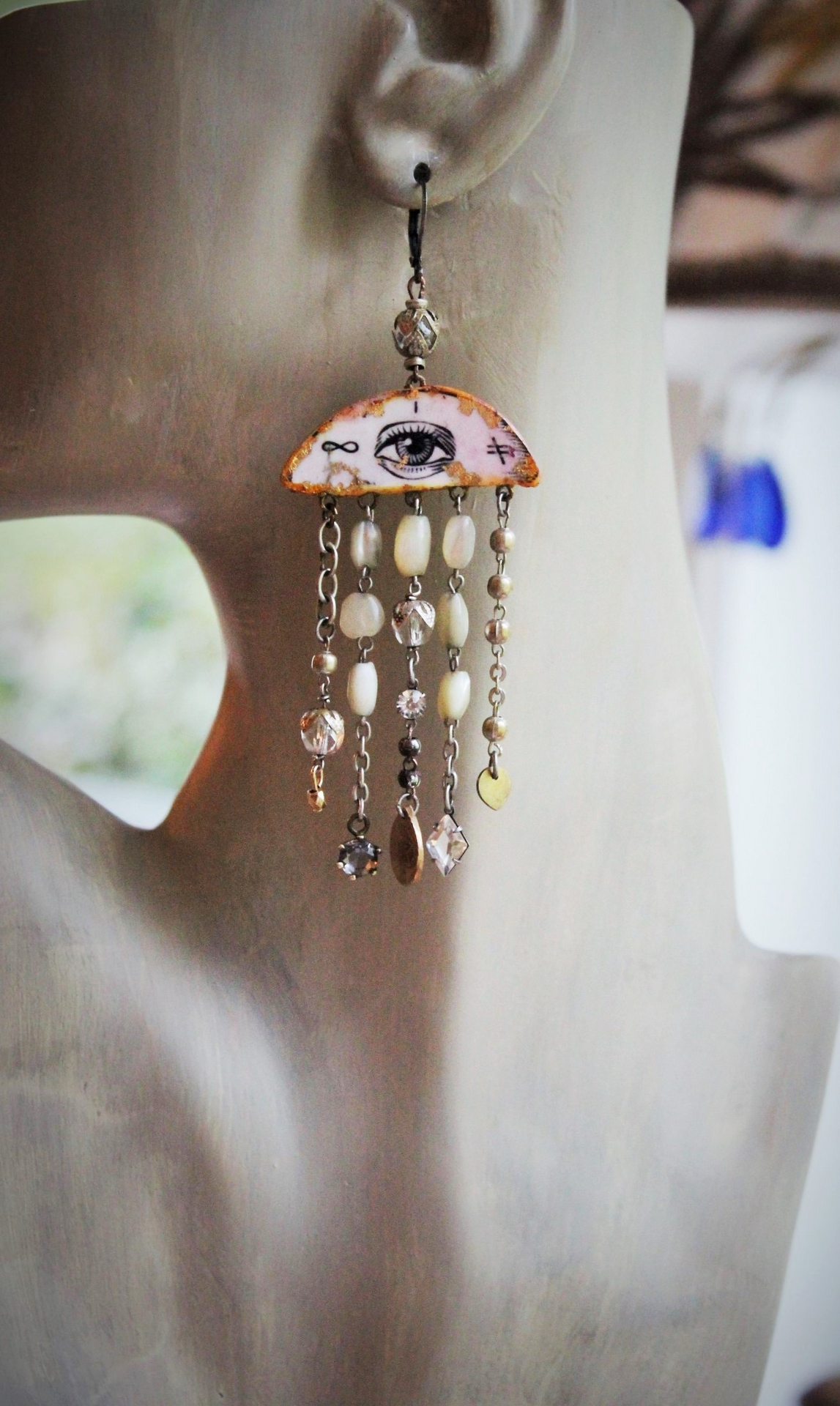 All Seeing Eye Asymmetrical Earrings w/Antique French Mother of Pearl Rosary Bead Fragments, Antique Art Deco Rock Crystal Drops, Bronze Tear Drops & More!