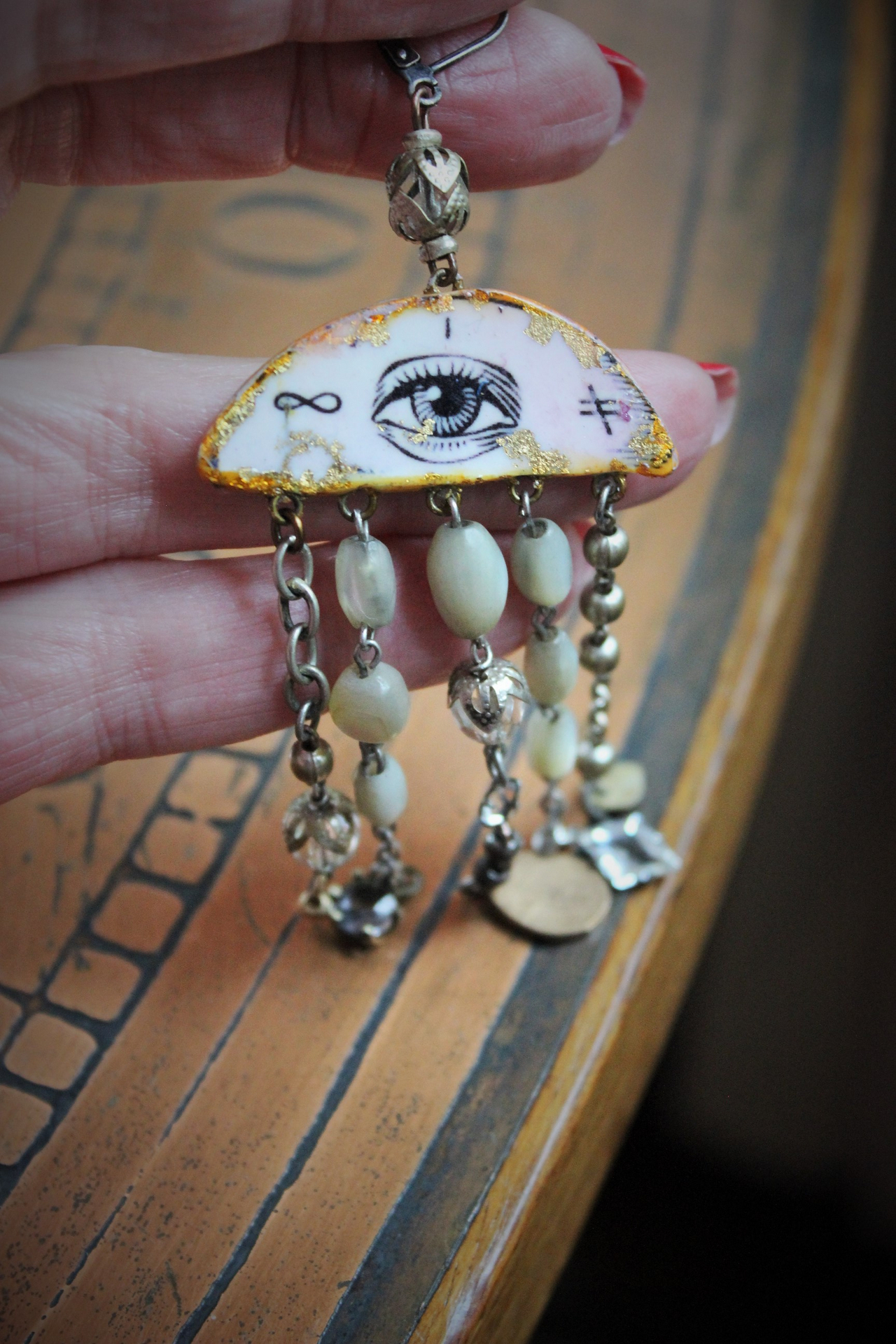 All Seeing Eye Asymmetrical Earrings w/Antique French Mother of Pearl Rosary Bead Fragments, Antique Art Deco Rock Crystal Drops, Bronze Tear Drops & More!