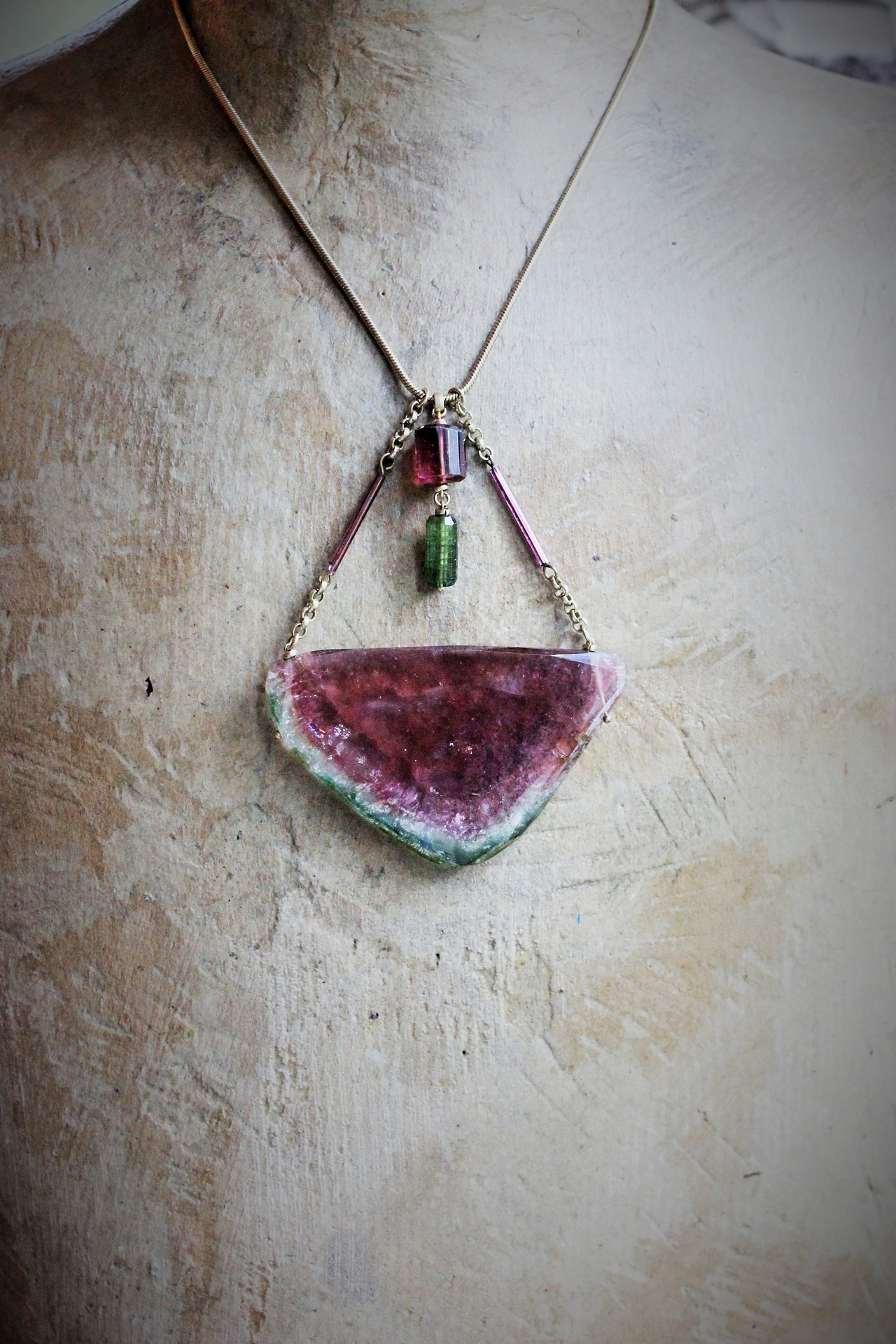 Large Rare Faceted Watermelon Tourmaline Slice Necklace w/Faceted Green & Pink Barrel Tourmaline Drops
