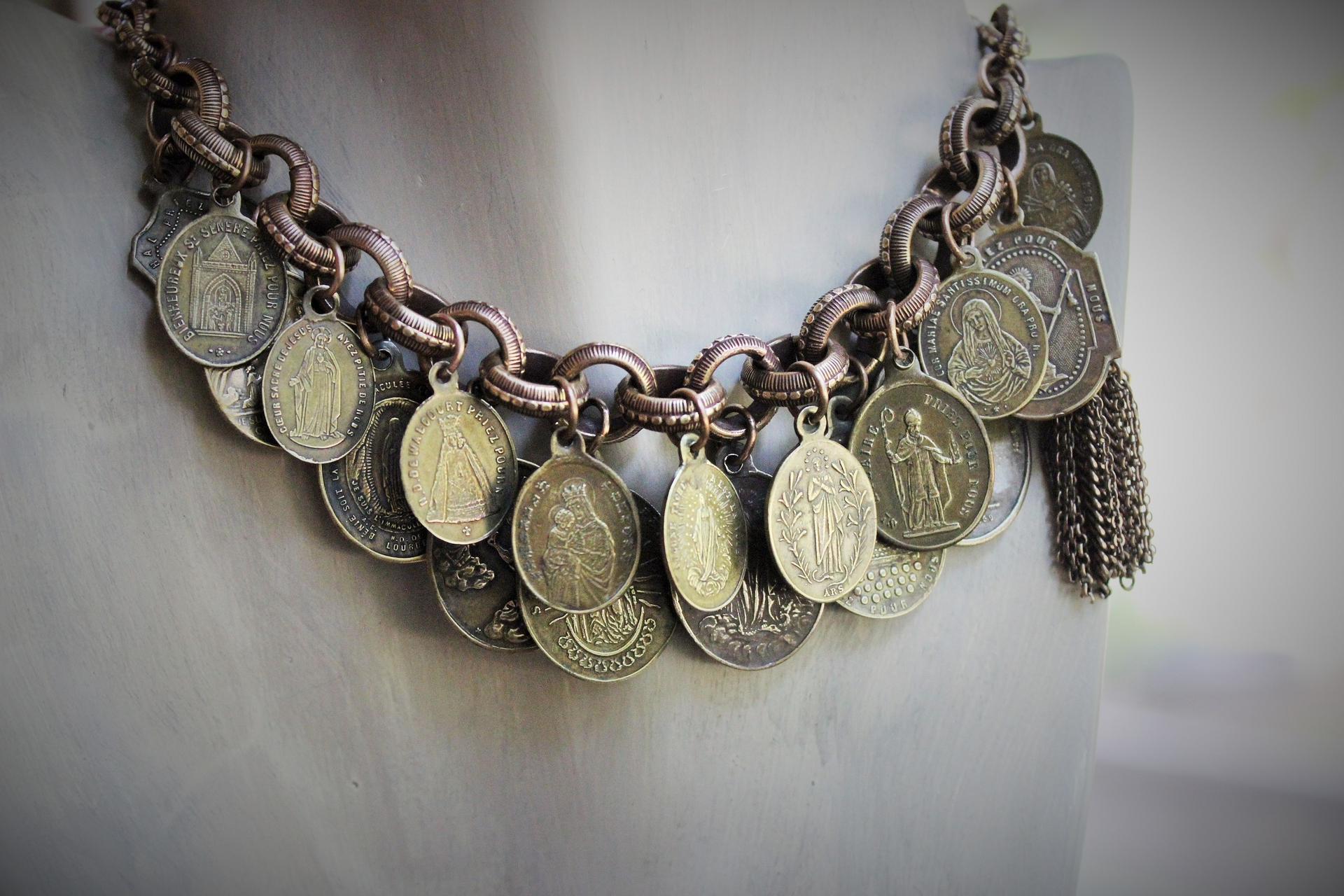 Solid Bronze Gold Antique French Medal Bracelet & Earring Set w/Multiple Antique French Medals, Vintage Chain Tassels & Bronze Earring Wires