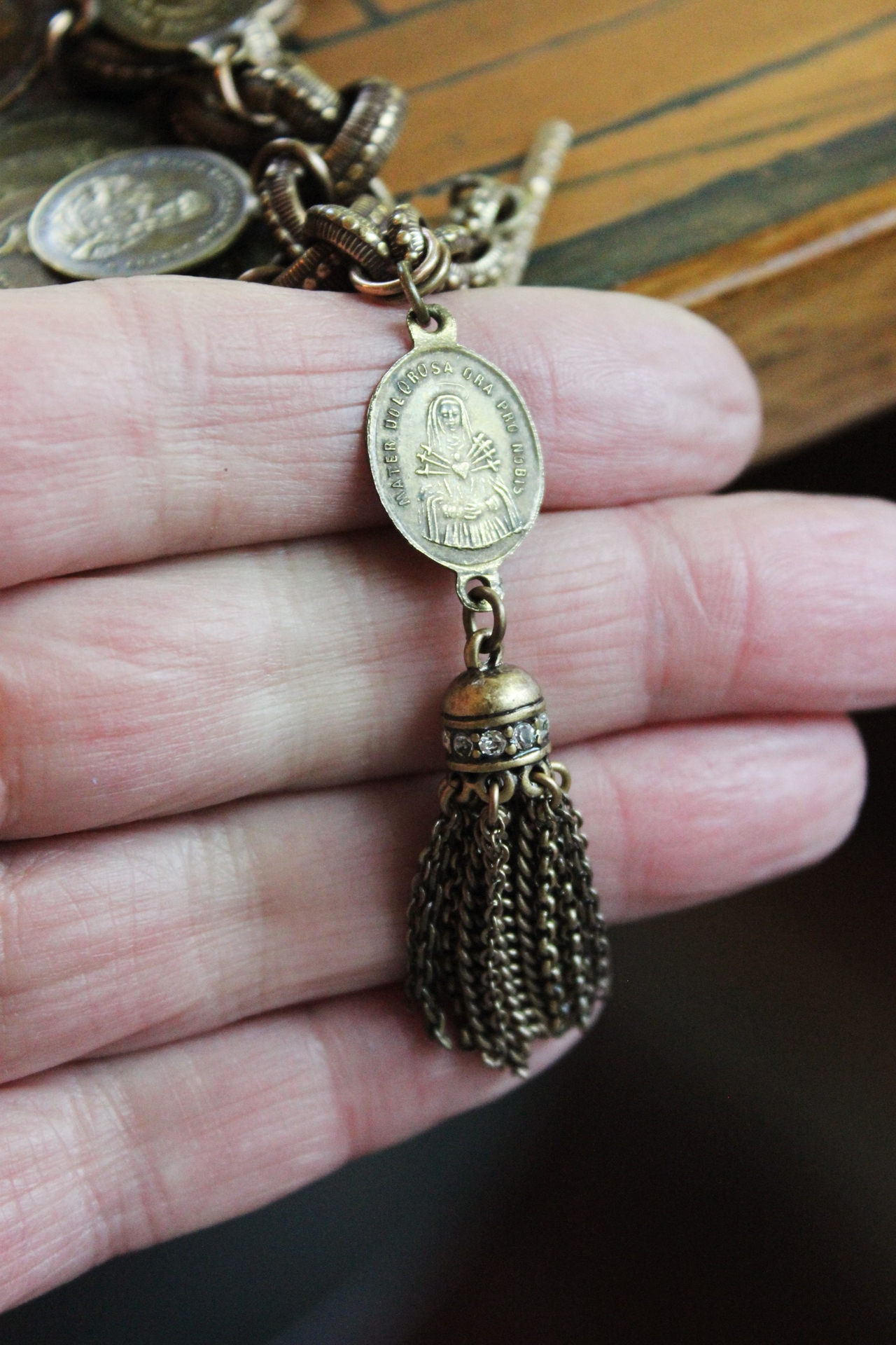 Solid Bronze Gold Antique French Medal Bracelet & Earring Set w/Multiple Antique French Medals, Vintage Chain Tassels & Bronze Earring Wires