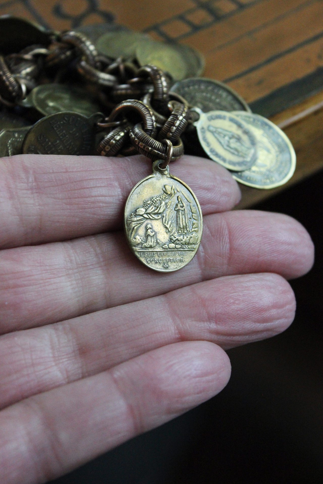 Solid Bronze Gold Antique French Medal Bracelet & Earring Set w/Multiple Antique French Medals, Vintage Chain Tassels & Bronze Earring Wires