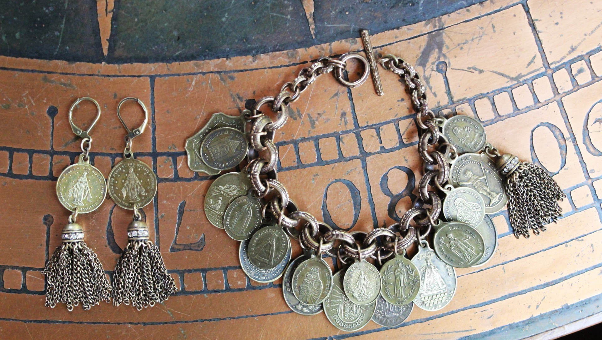 Solid Bronze Gold Antique French Medal Bracelet & Earring Set w/Multiple Antique French Medals, Vintage Chain Tassels & Bronze Earring Wires