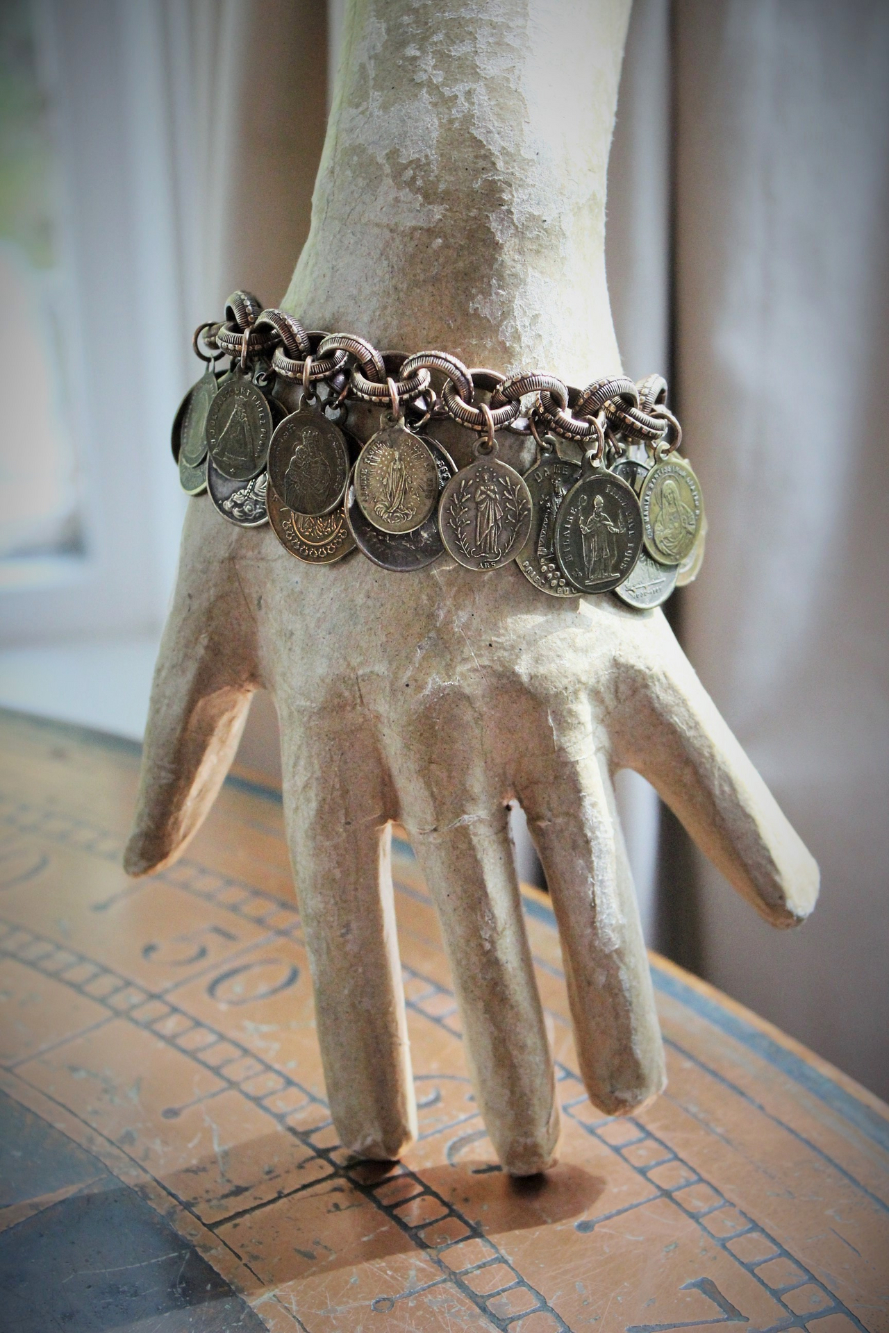 Solid Bronze Gold Antique French Medal Bracelet & Earring Set w/Multiple Antique French Medals, Vintage Chain Tassels & Bronze Earring Wires