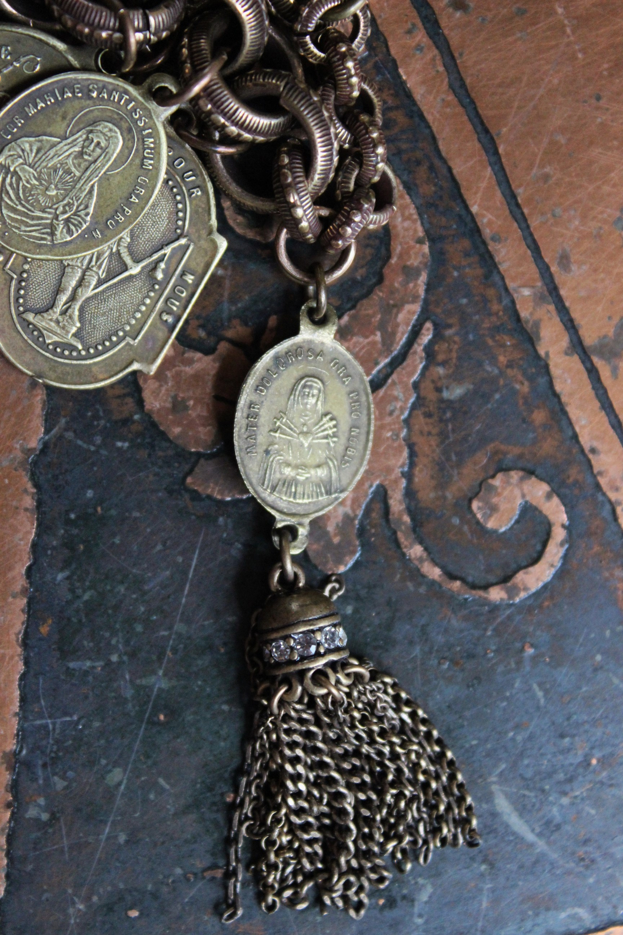 Solid Bronze Gold Antique French Medal Bracelet & Earring Set w/Multiple Antique French Medals, Vintage Chain Tassels & Bronze Earring Wires