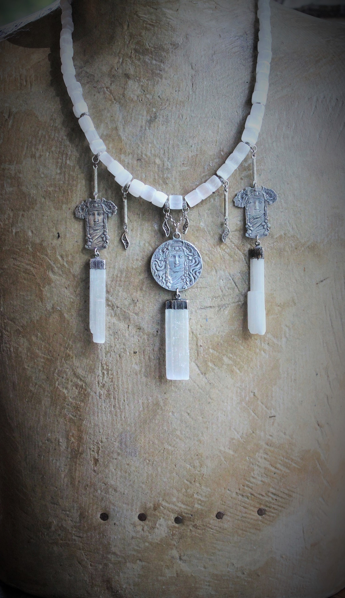 Your Strength Again Moon Goddess Necklace with Hand Cut Selenite Beads, 3 Goddess Medals,Antique Sterling Filigree Drops,3 Capped Selenite Spears