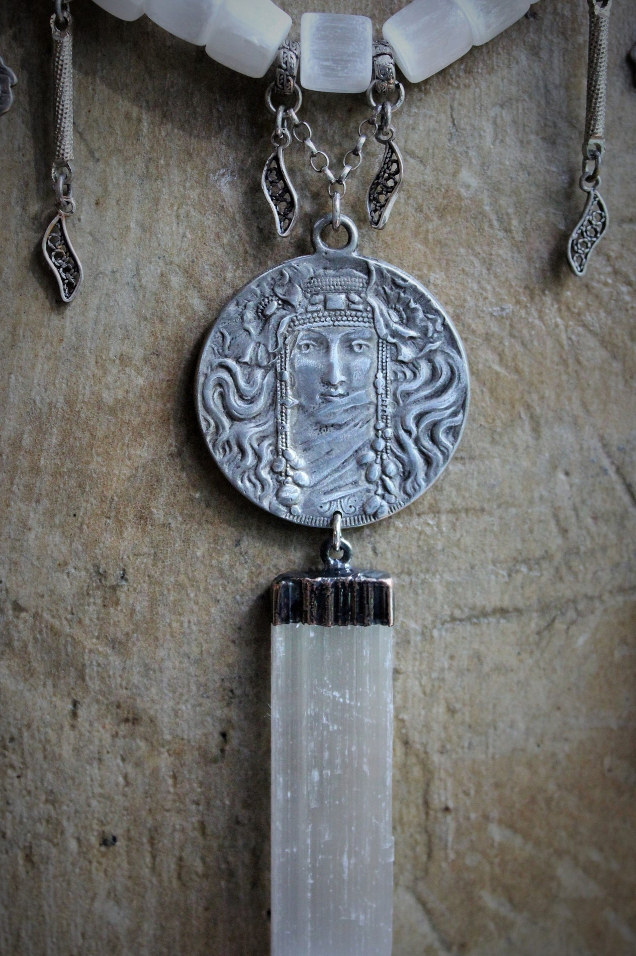 Your Strength Again Moon Goddess Necklace with Hand Cut Selenite Beads, 3 Goddess Medals,Antique Sterling Filigree Drops,3 Capped Selenite Spears