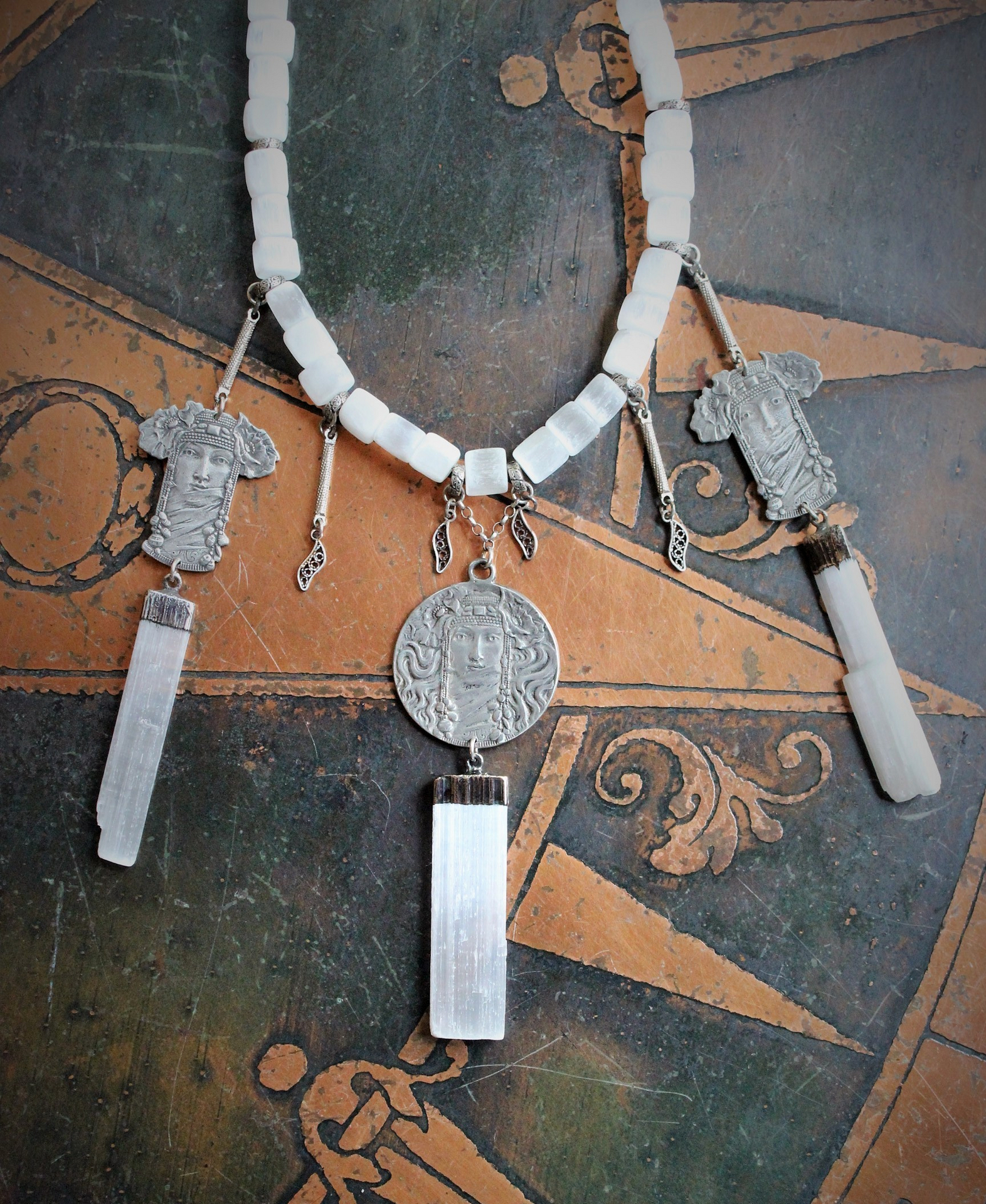 Your Strength Again Moon Goddess Necklace with Hand Cut Selenite Beads, 3 Goddess Medals,Antique Sterling Filigree Drops,3 Capped Selenite Spears