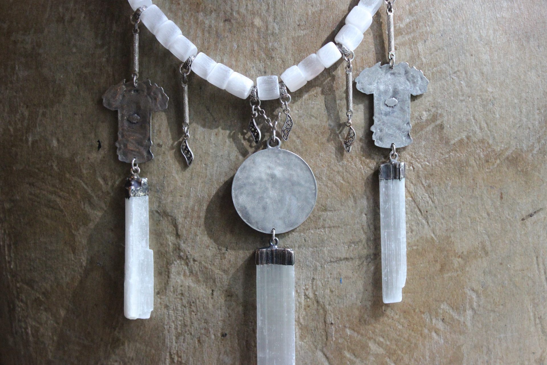 Your Strength Again Moon Goddess Necklace with Hand Cut Selenite Beads, 3 Goddess Medals,Antique Sterling Filigree Drops,3 Capped Selenite Spears