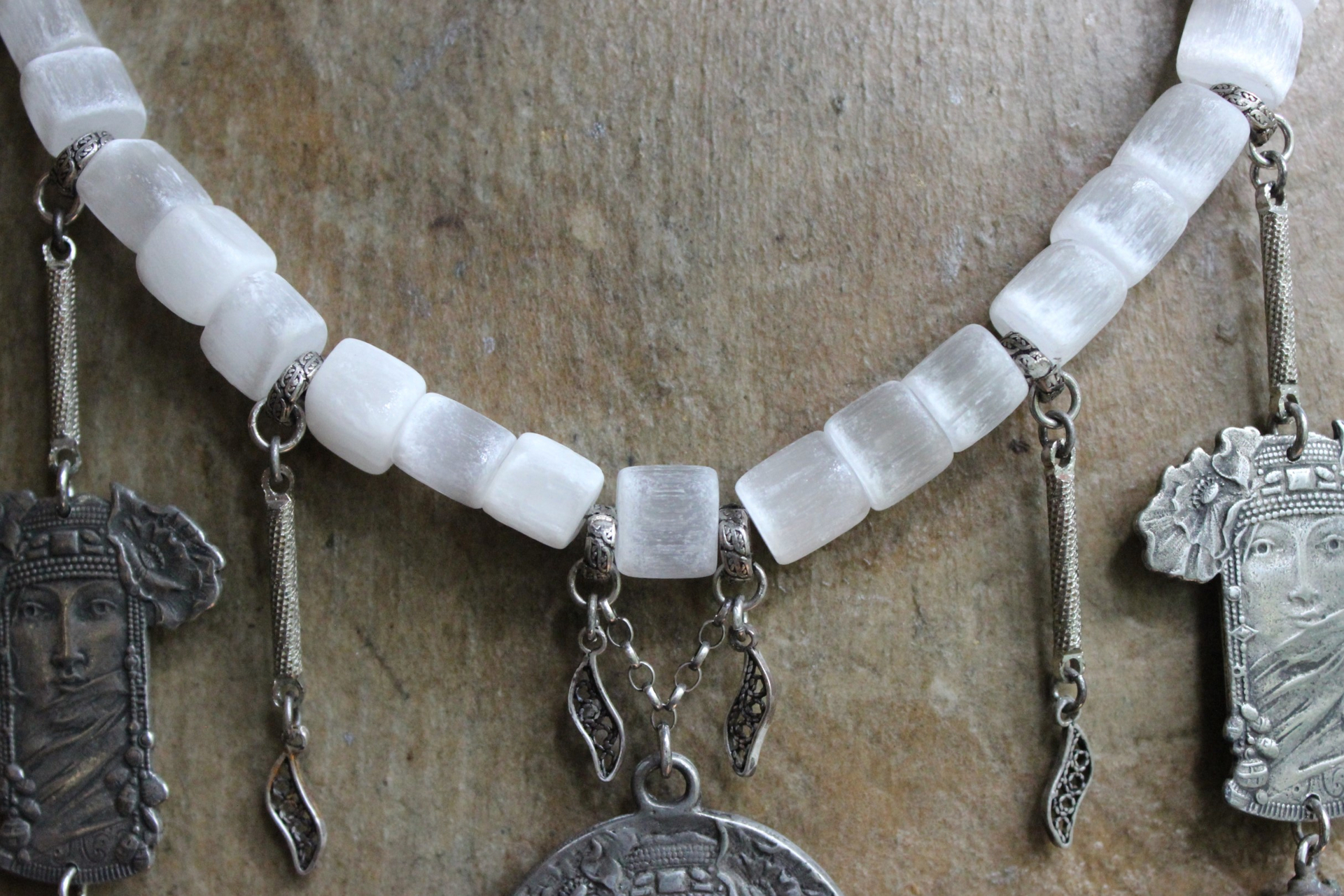 Your Strength Again Moon Goddess Necklace with Hand Cut Selenite Beads, 3 Goddess Medals,Antique Sterling Filigree Drops,3 Capped Selenite Spears