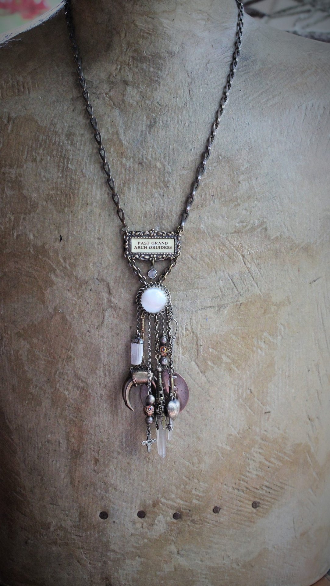 The Druidess Necklace with 1916 Druidess Badge, Antique Link Chain, Sterling Quartz Point & Crescent Moon Sceptor, Antique Moon Glow Cabochon & Much More!