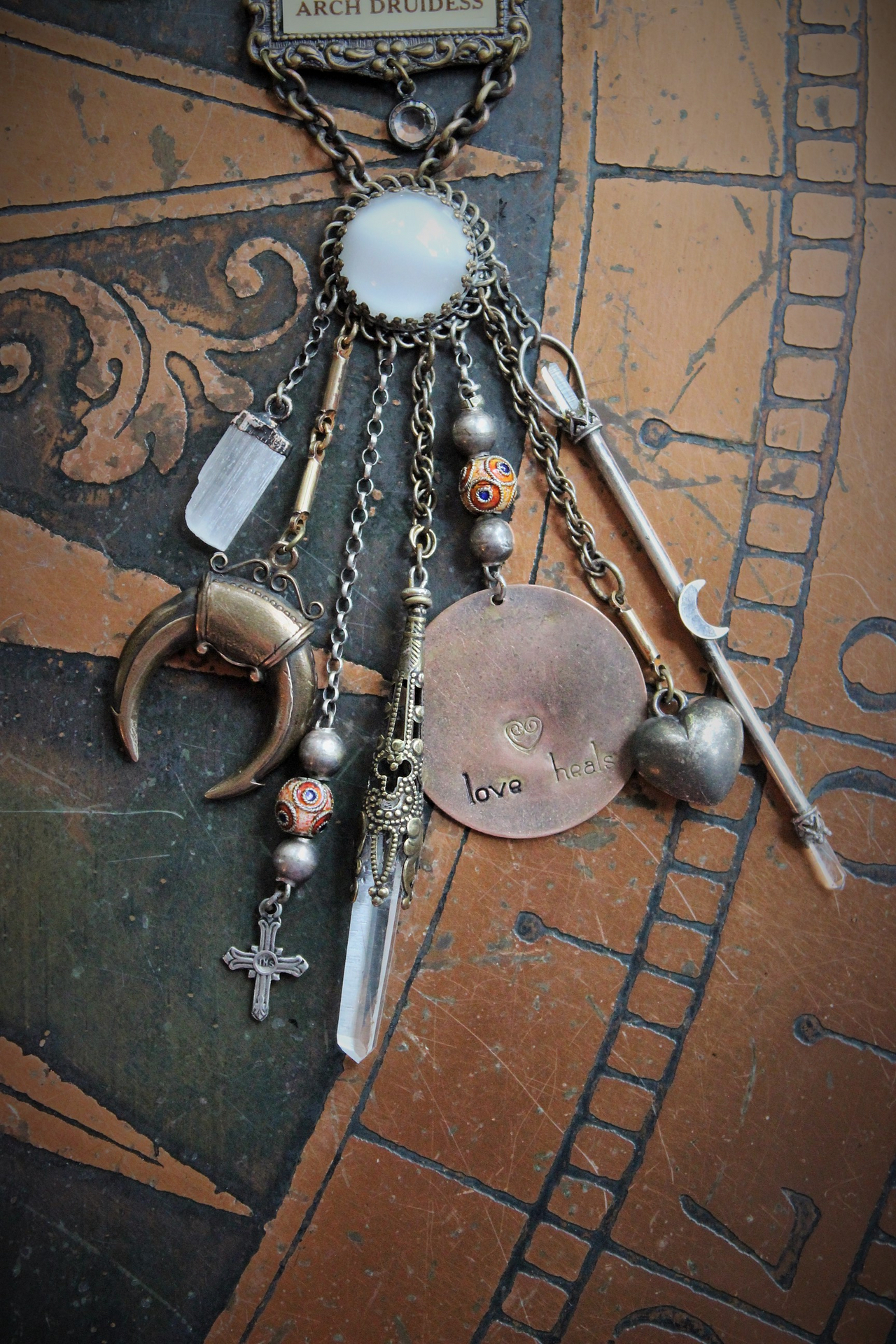The Druidess Necklace with 1916 Druidess Badge, Antique Link Chain, Sterling Quartz Point & Crescent Moon Sceptor, Antique Moon Glow Cabochon & Much More!