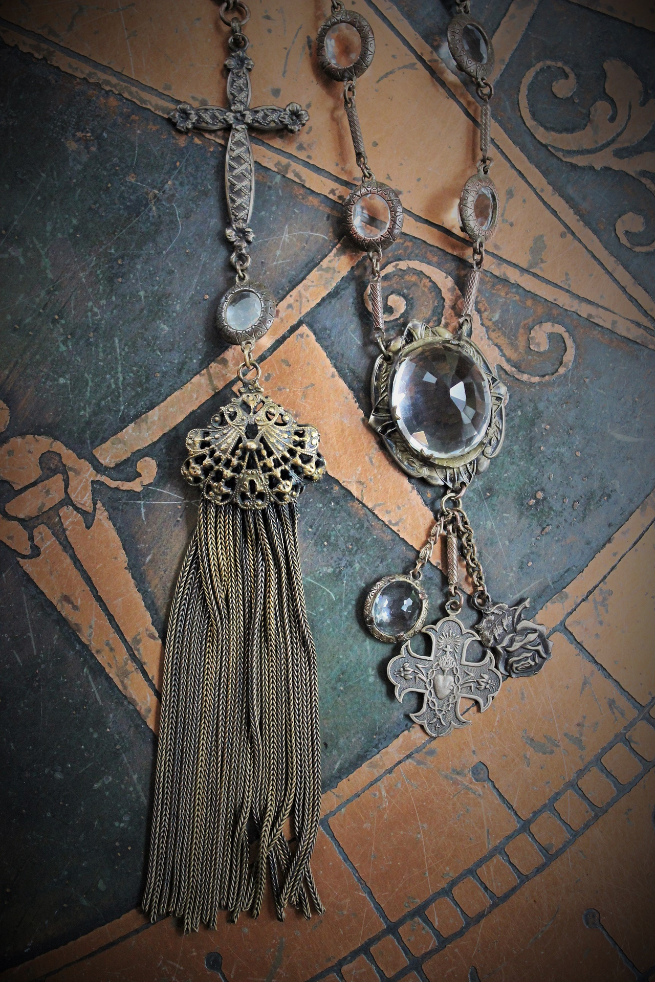Amazing OOAK Antique Faceted Rock Crystal Necklace Set with Elaborate Antique Tassel, French Medals & Cross, and Antique Floral Link Chain