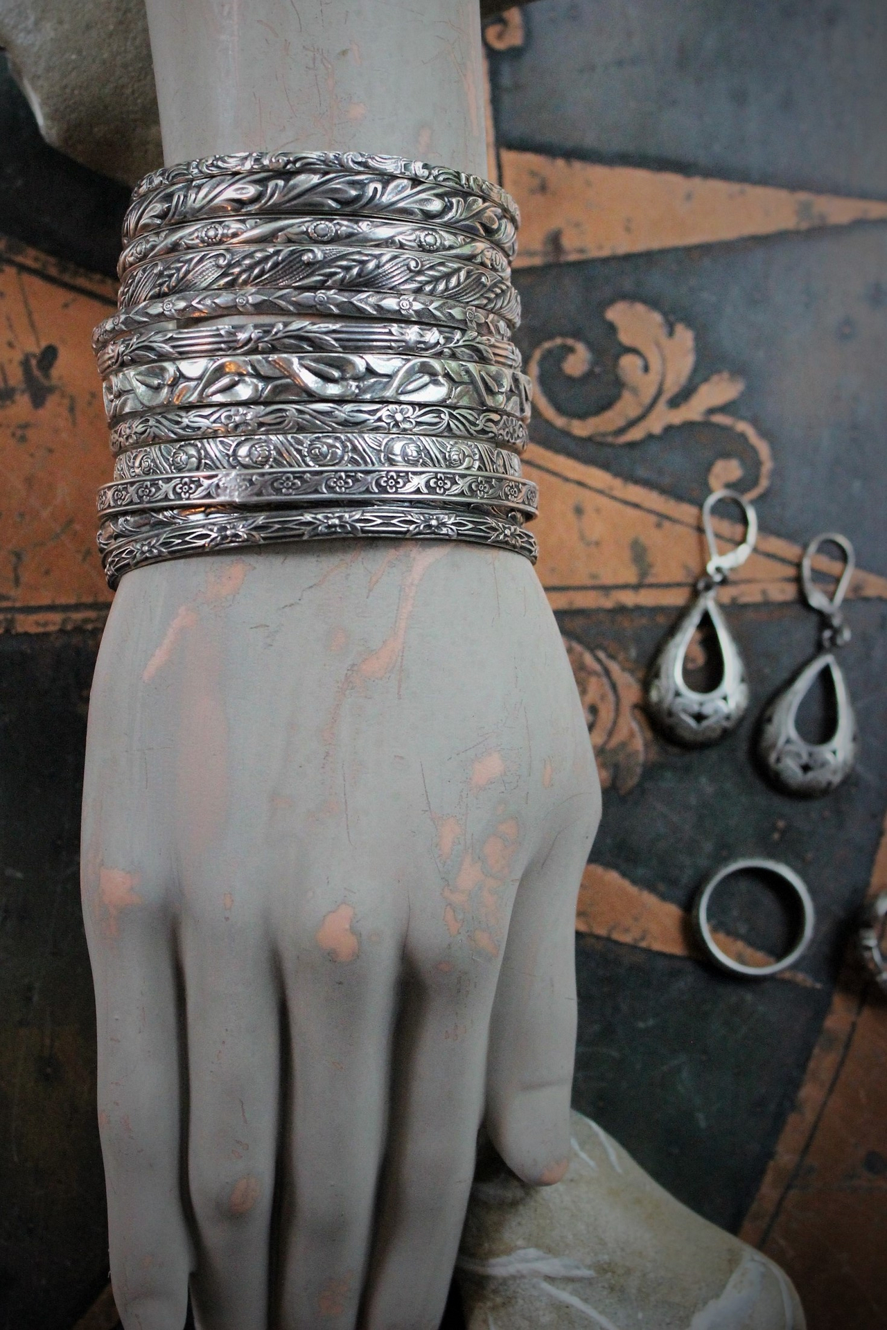 SOLD to D Exceptional Antique Art Deco Jewelry Set of 12 Solid Sterling Bangles Bracelets, Engraved Cuff & Earrings