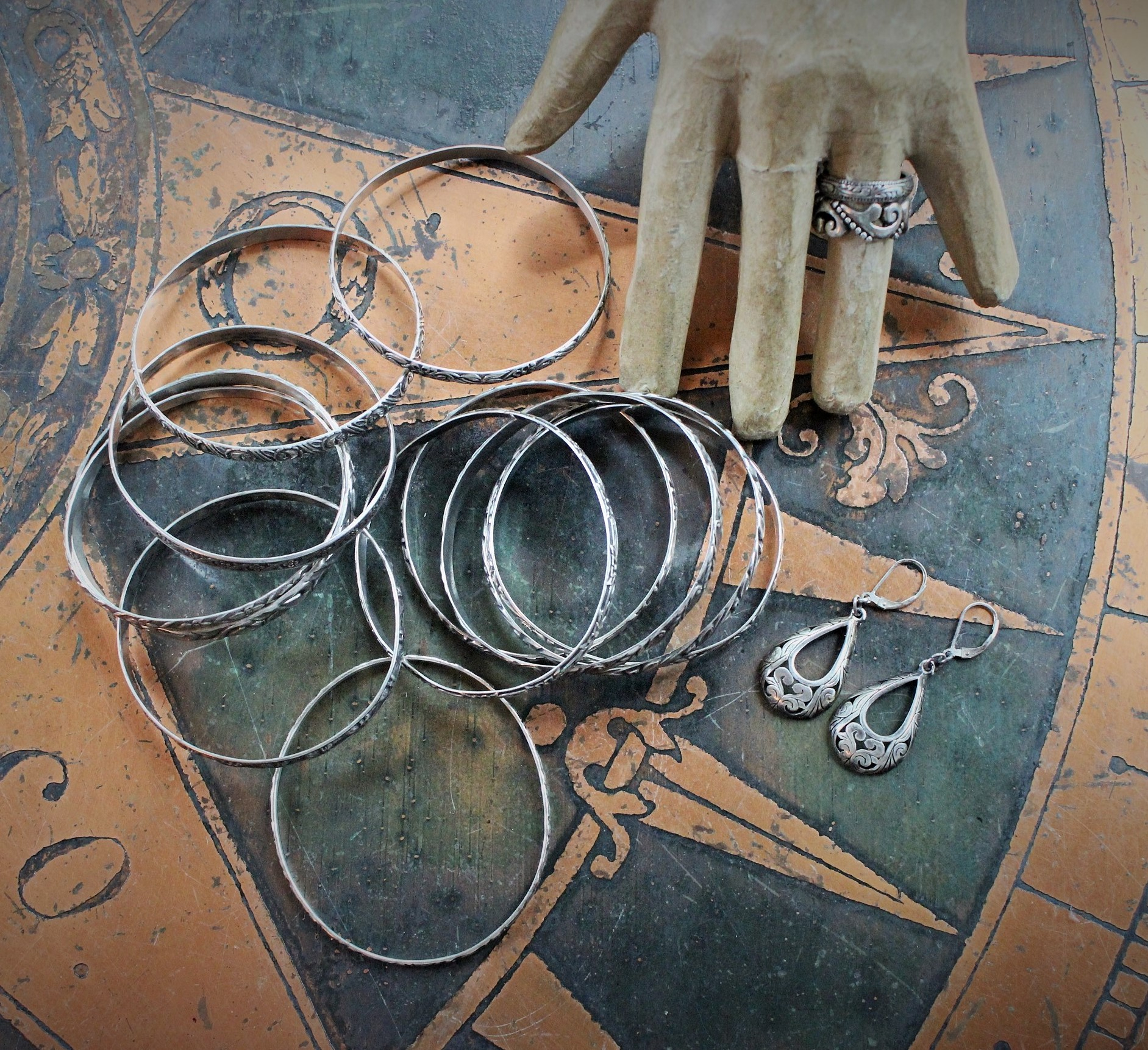 SOLD to D Exceptional Antique Art Deco Jewelry Set of 12 Solid Sterling Bangles Bracelets, Engraved Cuff & Earrings