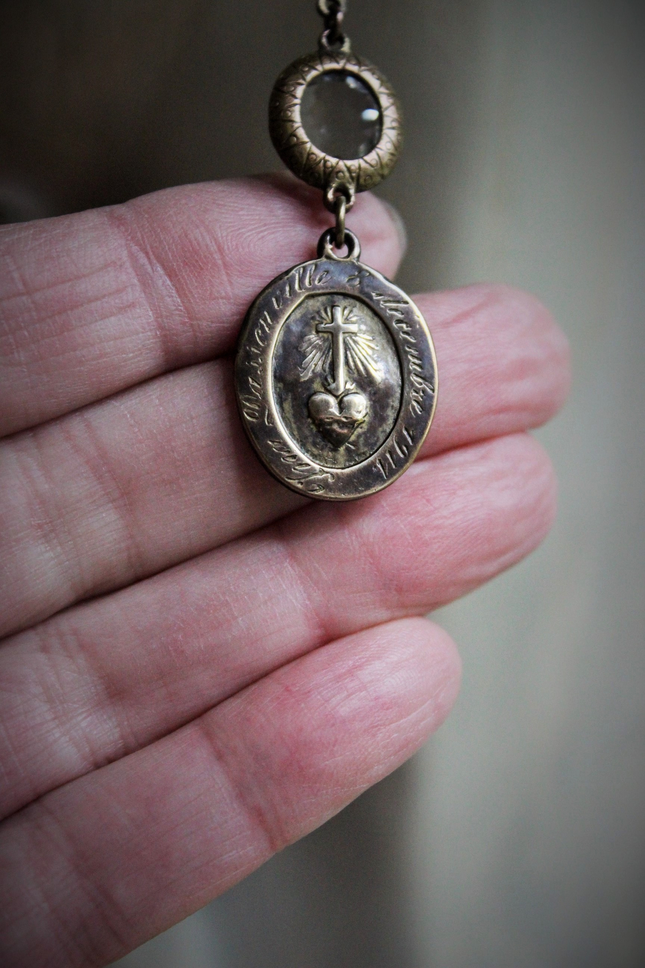 Antique Bezel and Prong Set Bronze Faceted Rock Crystals & French Engraved Nun's Medals Earrings - Free with Purchase of Necklace Set - See Details!