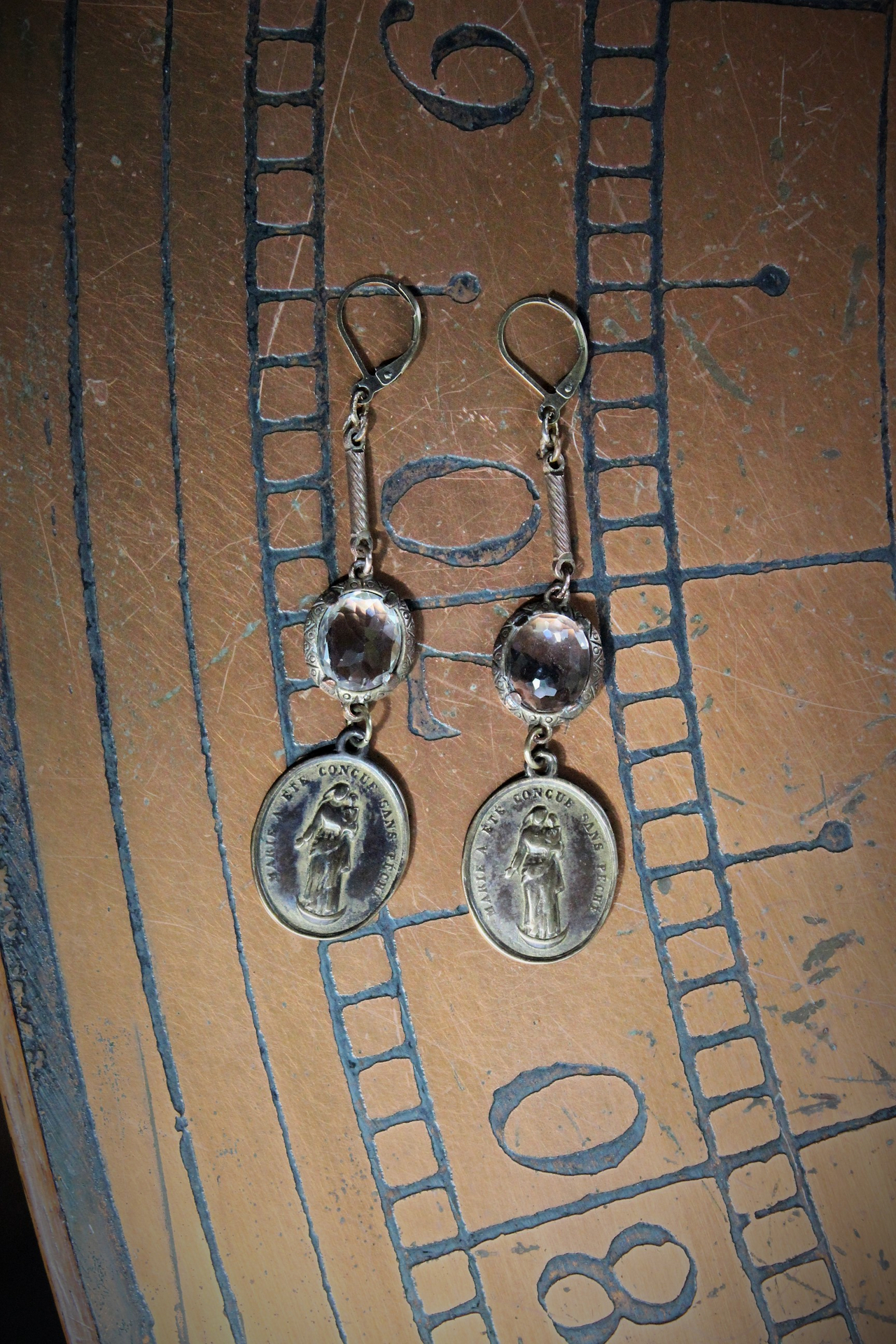 Antique Bezel and Prong Set Bronze Faceted Rock Crystals & French Engraved Nun's Medals Earrings - Free with Purchase of Necklace Set - See Details!