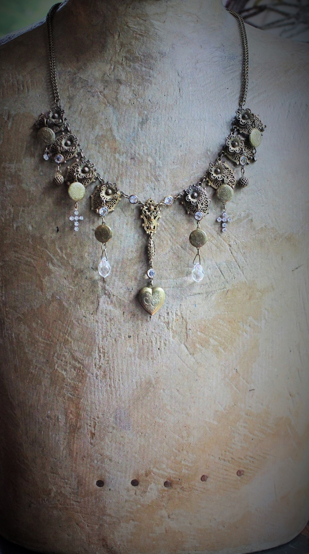 Antique Etruscan Findings & 7 Opening Lockets Necklace with Antique Faceted Rock Crystal Drops, Antique Faceted & Prong Set Rhinestone Crosses and More!