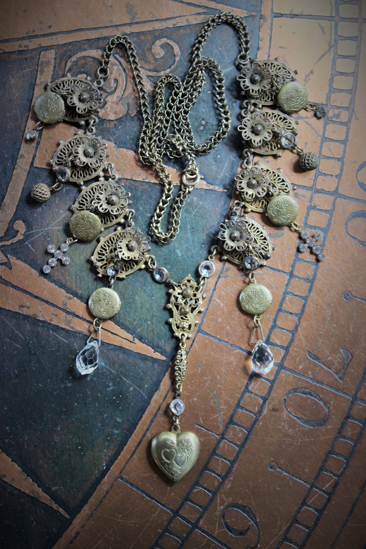 Antique Etruscan Findings & 7 Opening Lockets Necklace with Antique Faceted Rock Crystal Drops, Antique Faceted & Prong Set Rhinestone Crosses and More!