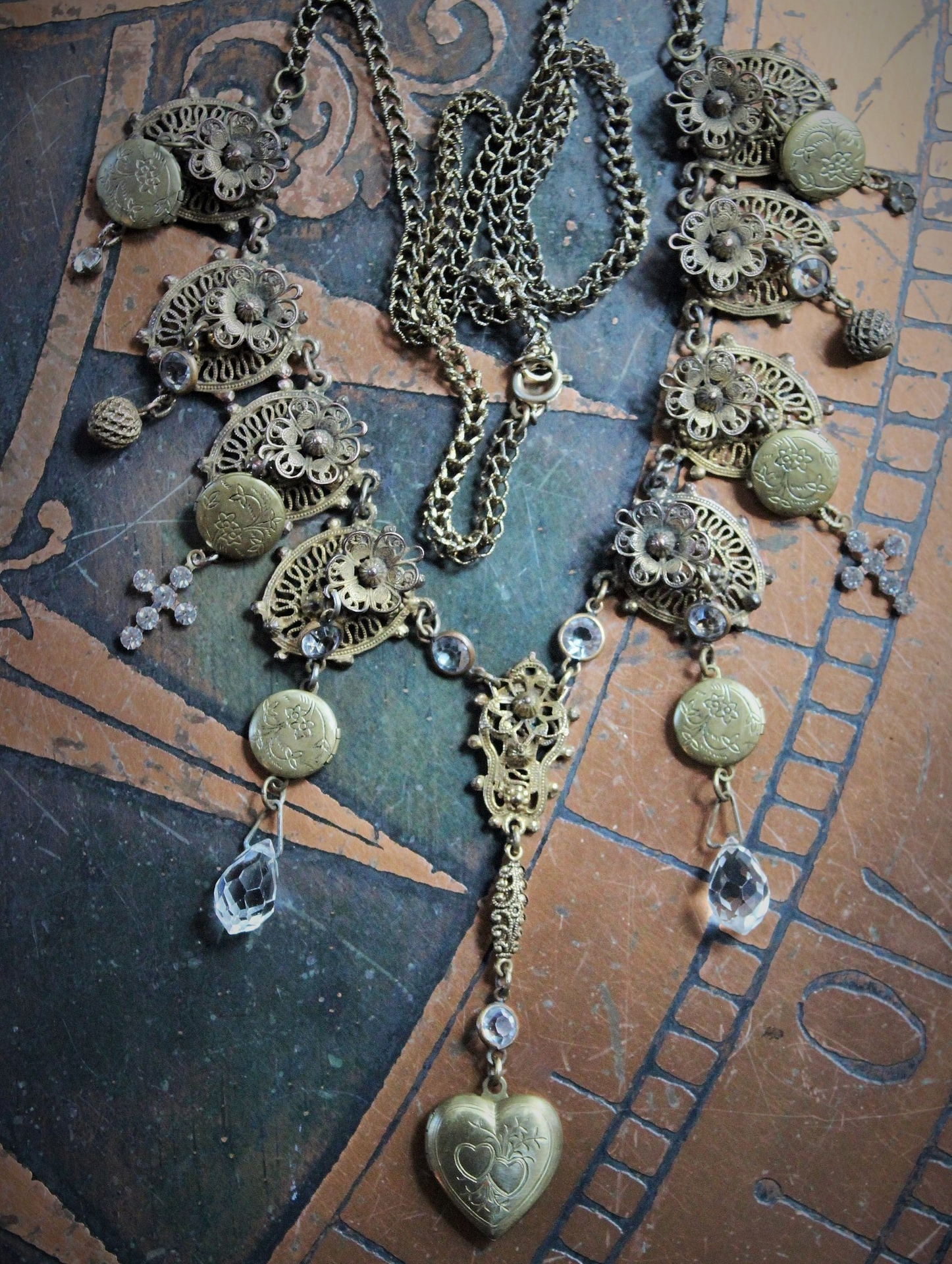 Antique Etruscan Findings & 7 Opening Lockets Necklace with Antique Faceted Rock Crystal Drops, Antique Faceted & Prong Set Rhinestone Crosses and More!