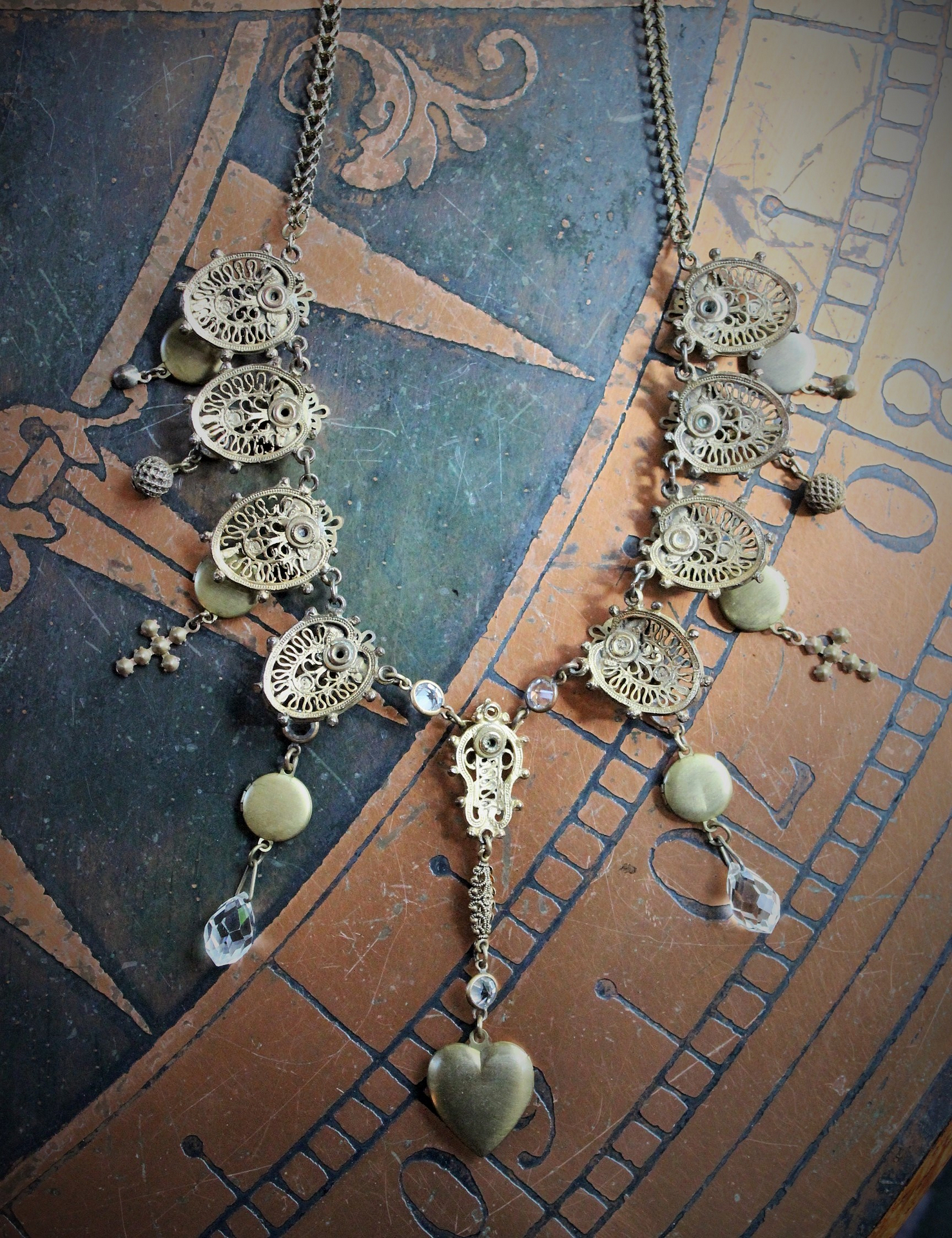 Antique Etruscan Findings & 7 Opening Lockets Necklace with Antique Faceted Rock Crystal Drops, Antique Faceted & Prong Set Rhinestone Crosses and More!