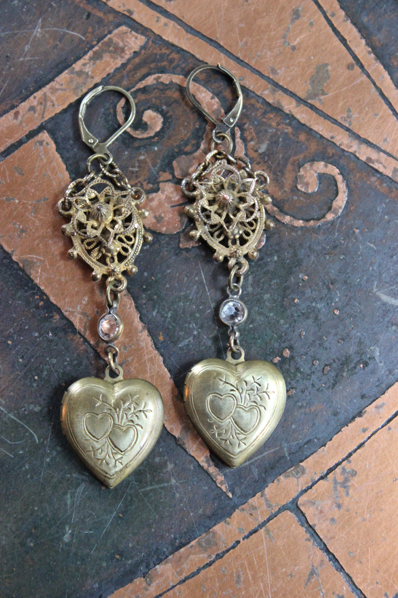 Antique Etruscan Findings & Vintage Heart Lockets Earrings - 50% Off w/purchase of matching necklace!