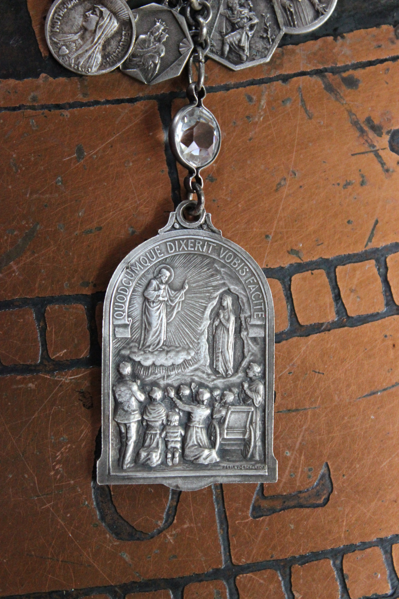 RARE Antique French Charm Necklace with Extraordinary 1914  Signed Penin Lyon Eucharist Apparition Medal and Dozens of Antique French Medals on Sterling Rolo Chain