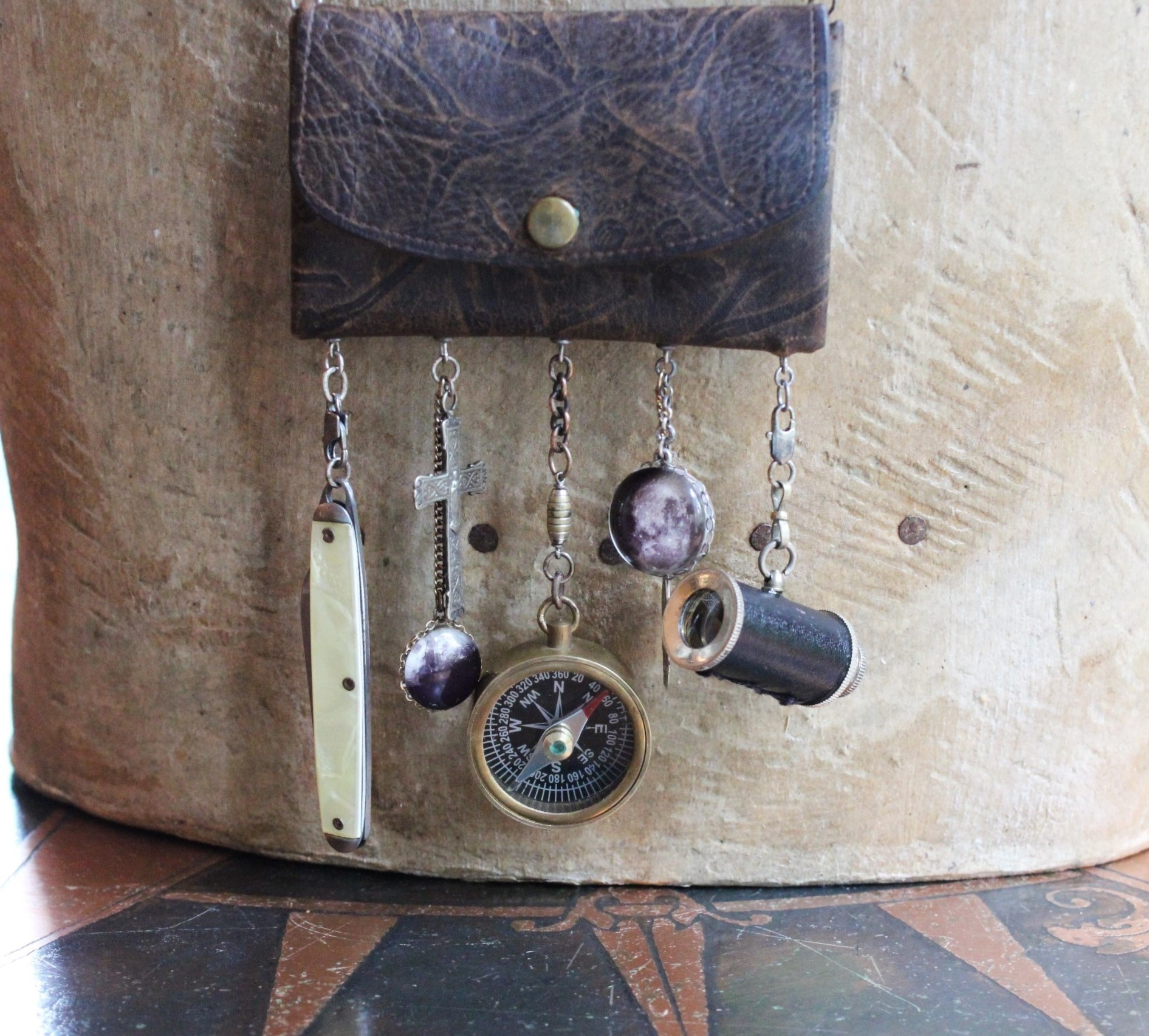 The Journey Necklace with Antique Leather Pouch, Removable Compass, Mini Telescope & Pocket Knife, Glass Moon Image Orbs & More!