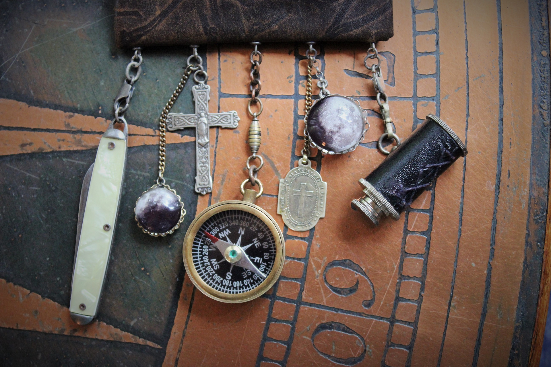 The Journey Necklace with Antique Leather Pouch, Removable Compass, Mini Telescope & Pocket Knife, Glass Moon Image Orbs & More!