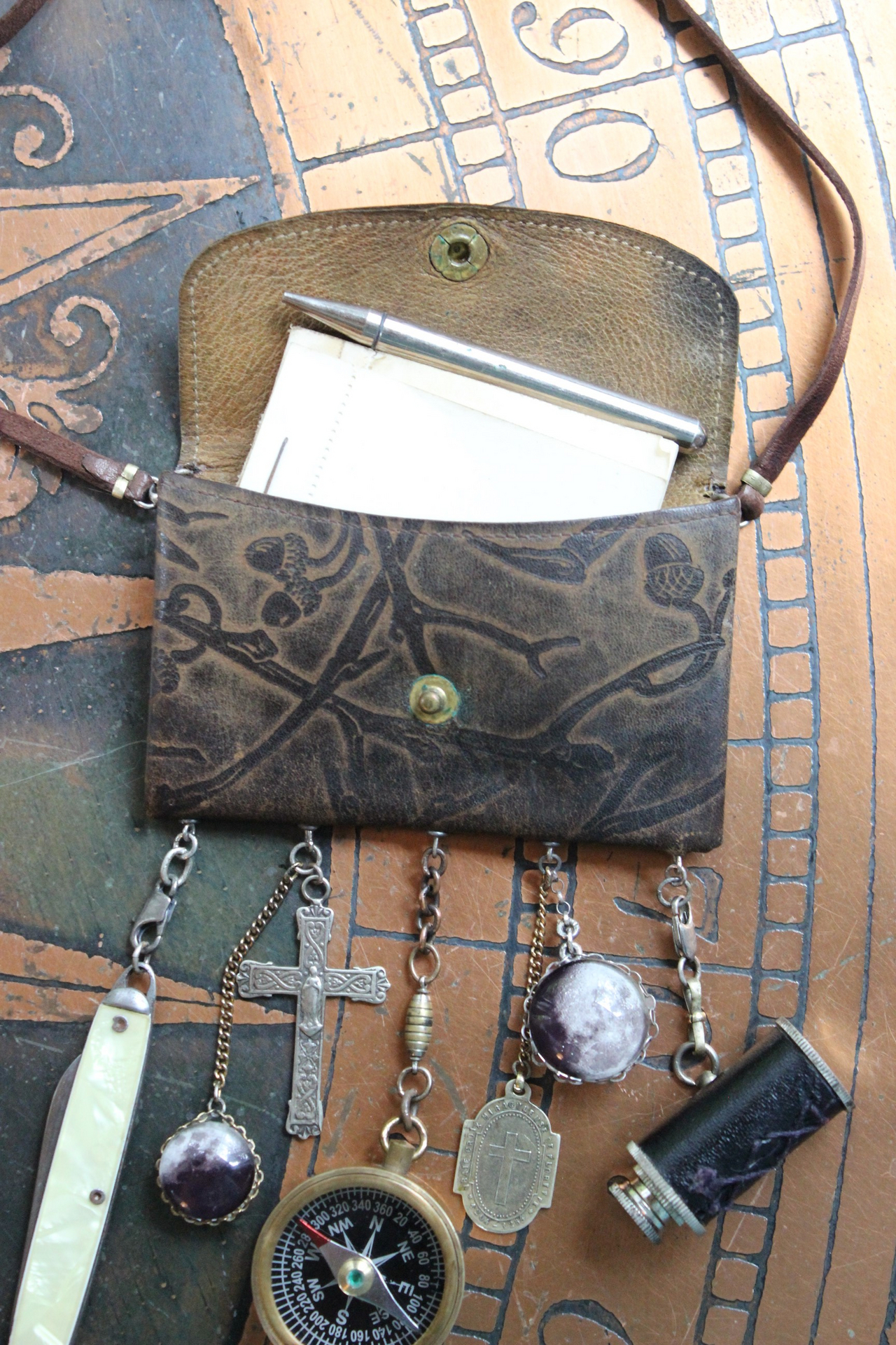 The Journey Necklace with Antique Leather Pouch, Removable Compass, Mini Telescope & Pocket Knife, Glass Moon Image Orbs & More!