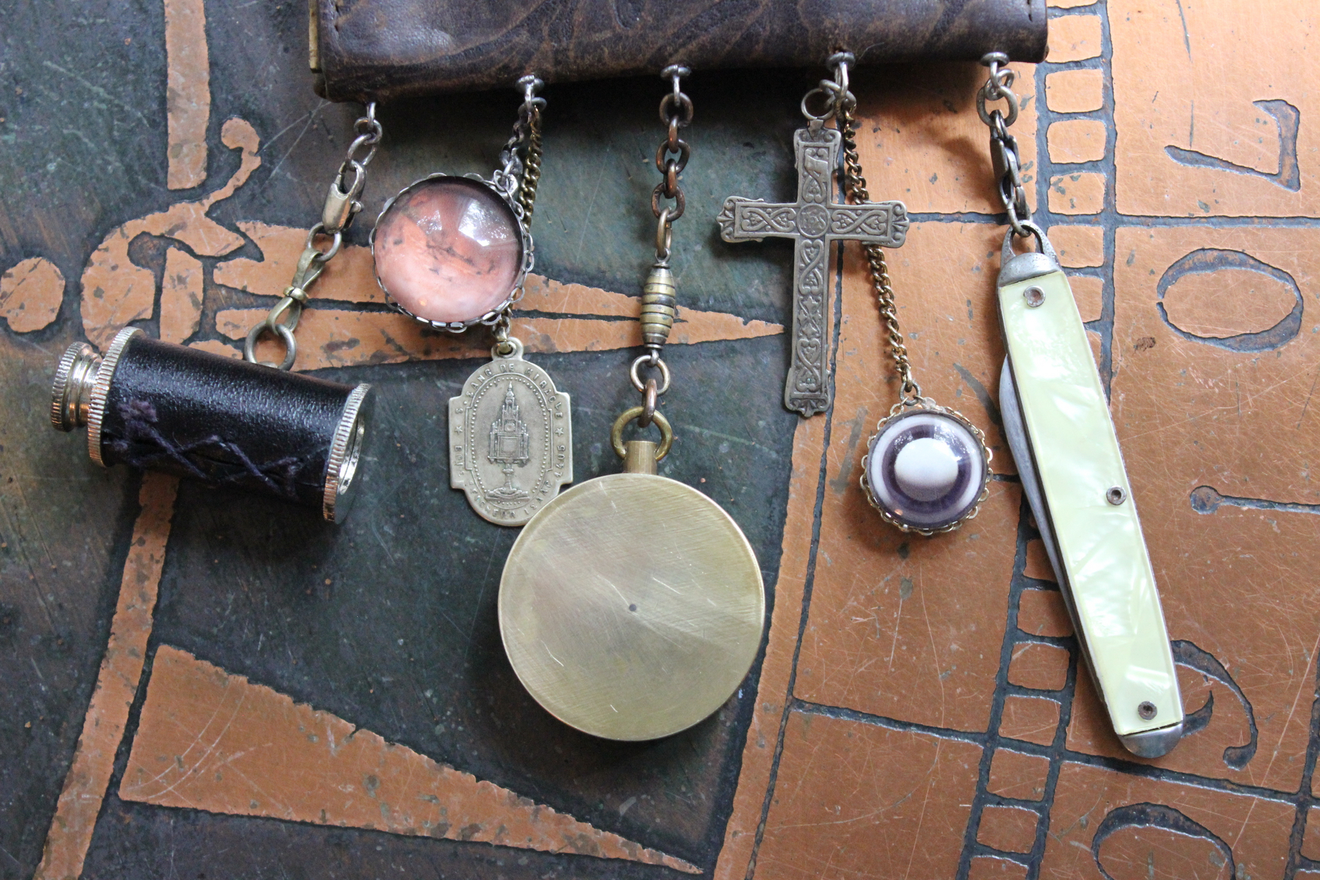 The Journey Necklace with Antique Leather Pouch, Removable Compass, Mini Telescope & Pocket Knife, Glass Moon Image Orbs & More!