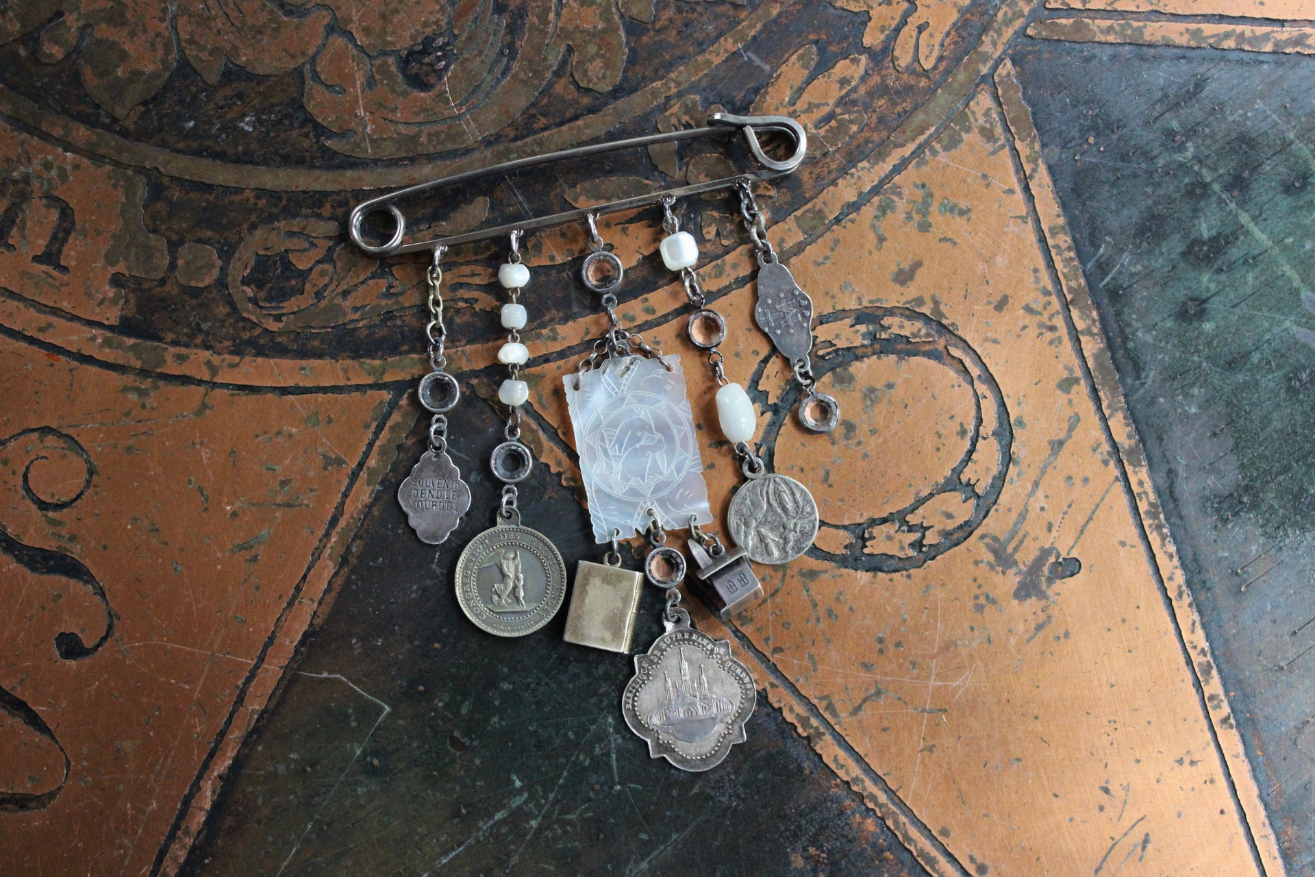 Jacket/Shawl Pin Closure w/Rare Antique Penin Poncet Archangel Michael Medal,Rare Antique Sterling Stanhope Chapel,Antique Engraved Mother of Pearl Finding & More!
