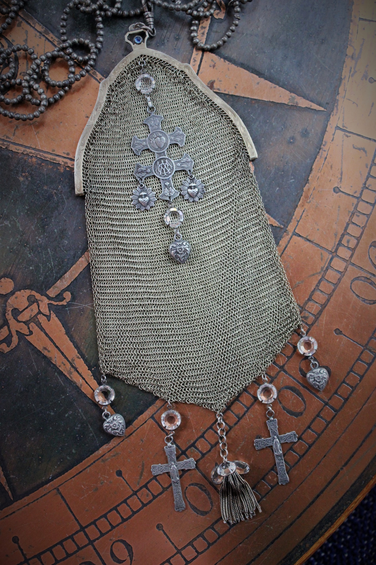 Antique Whiting & Davis Mesh Smart Phone/Essentials Hip Bag with French Crosses, Puffy Heart Drops,AntiqueTassel,Prong Set Faceted Crystals Connectors & Unique Antique Chain