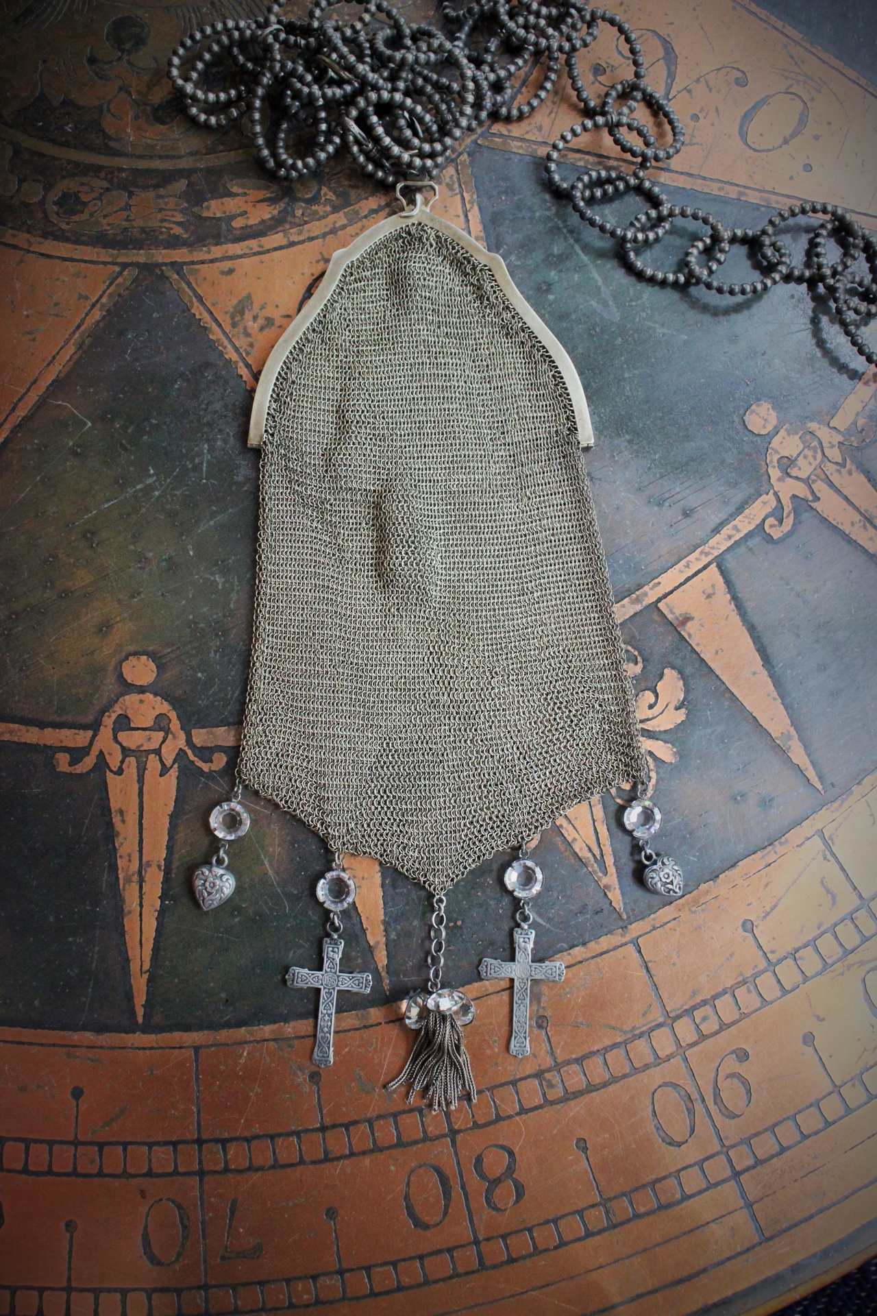 Antique Whiting & Davis Mesh Smart Phone/Essentials Hip Bag with French Crosses, Puffy Heart Drops,AntiqueTassel,Prong Set Faceted Crystals Connectors & Unique Antique Chain