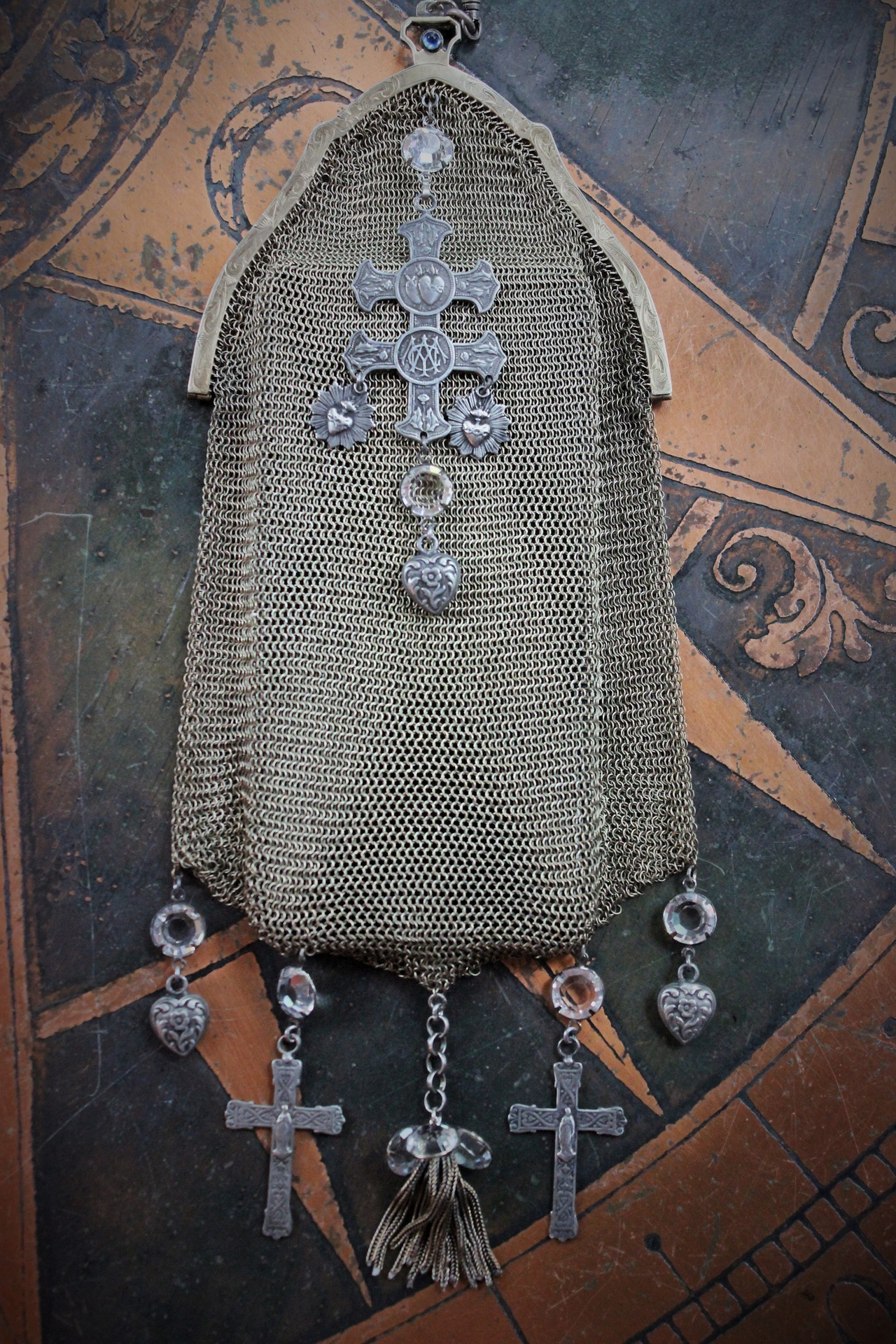 Antique Whiting & Davis Mesh Smart Phone/Essentials Hip Bag with French Crosses, Puffy Heart Drops,AntiqueTassel,Prong Set Faceted Crystals Connectors & Unique Antique Chain