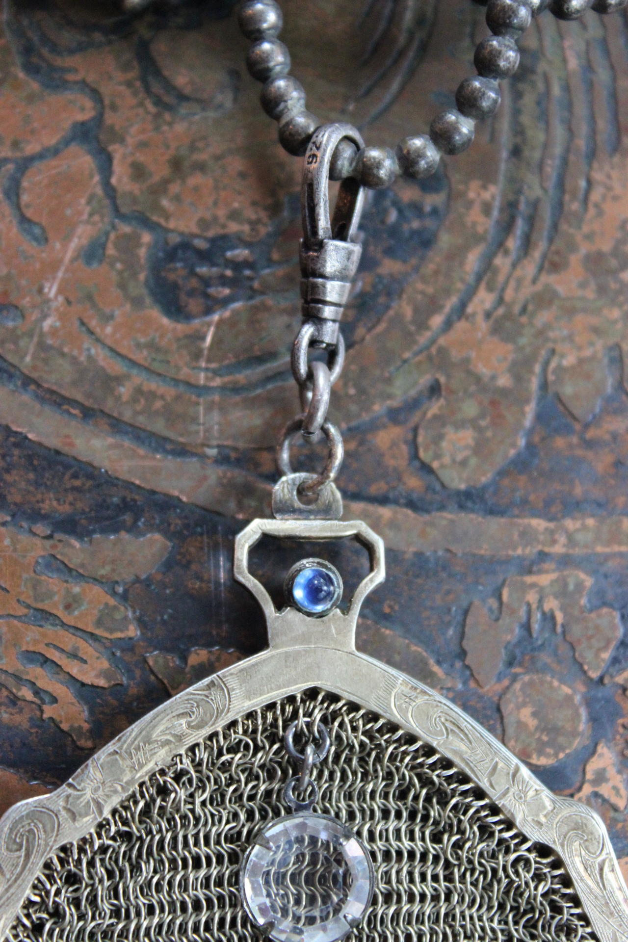 Antique Whiting & Davis Mesh Smart Phone/Essentials Hip Bag with French Crosses, Puffy Heart Drops,AntiqueTassel,Prong Set Faceted Crystals Connectors & Unique Antique Chain